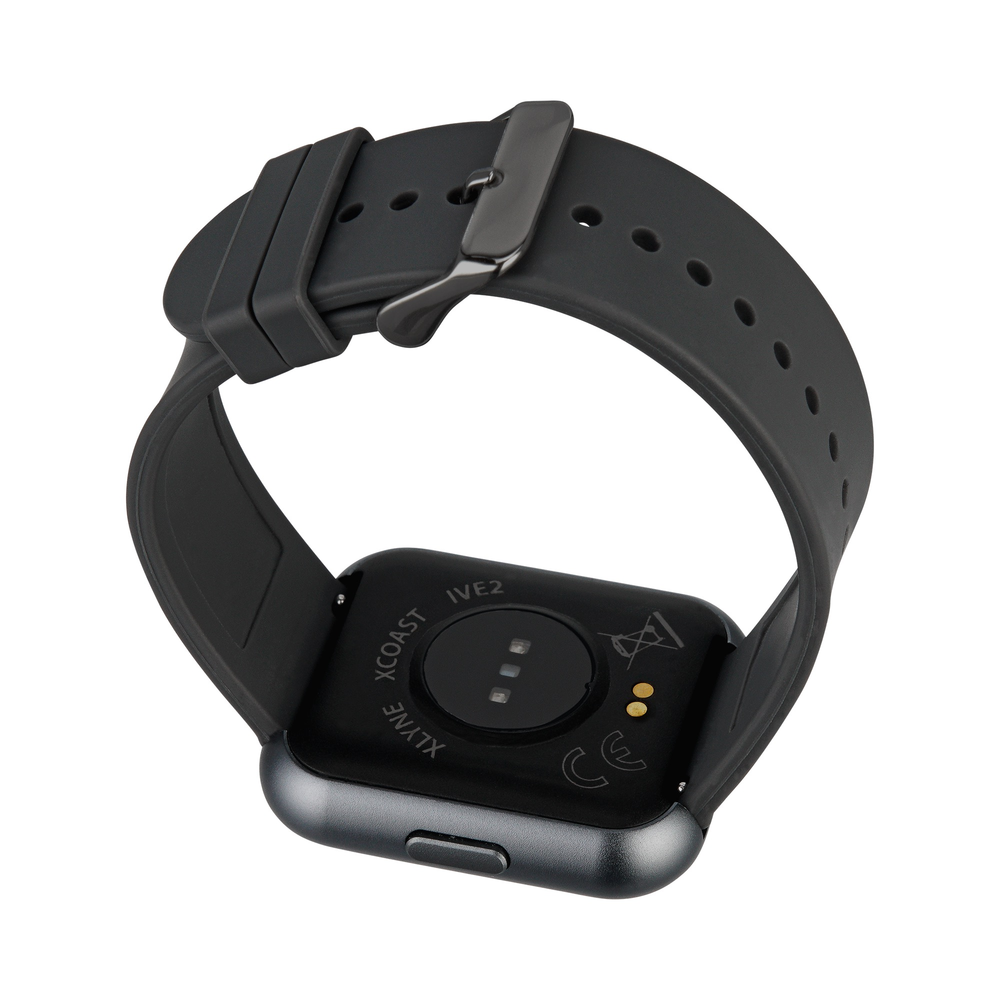 Rückseite einer schwarzen Smartwatch mit schwarzem Armband. Merkmale Sensor und Ladepunkte.
