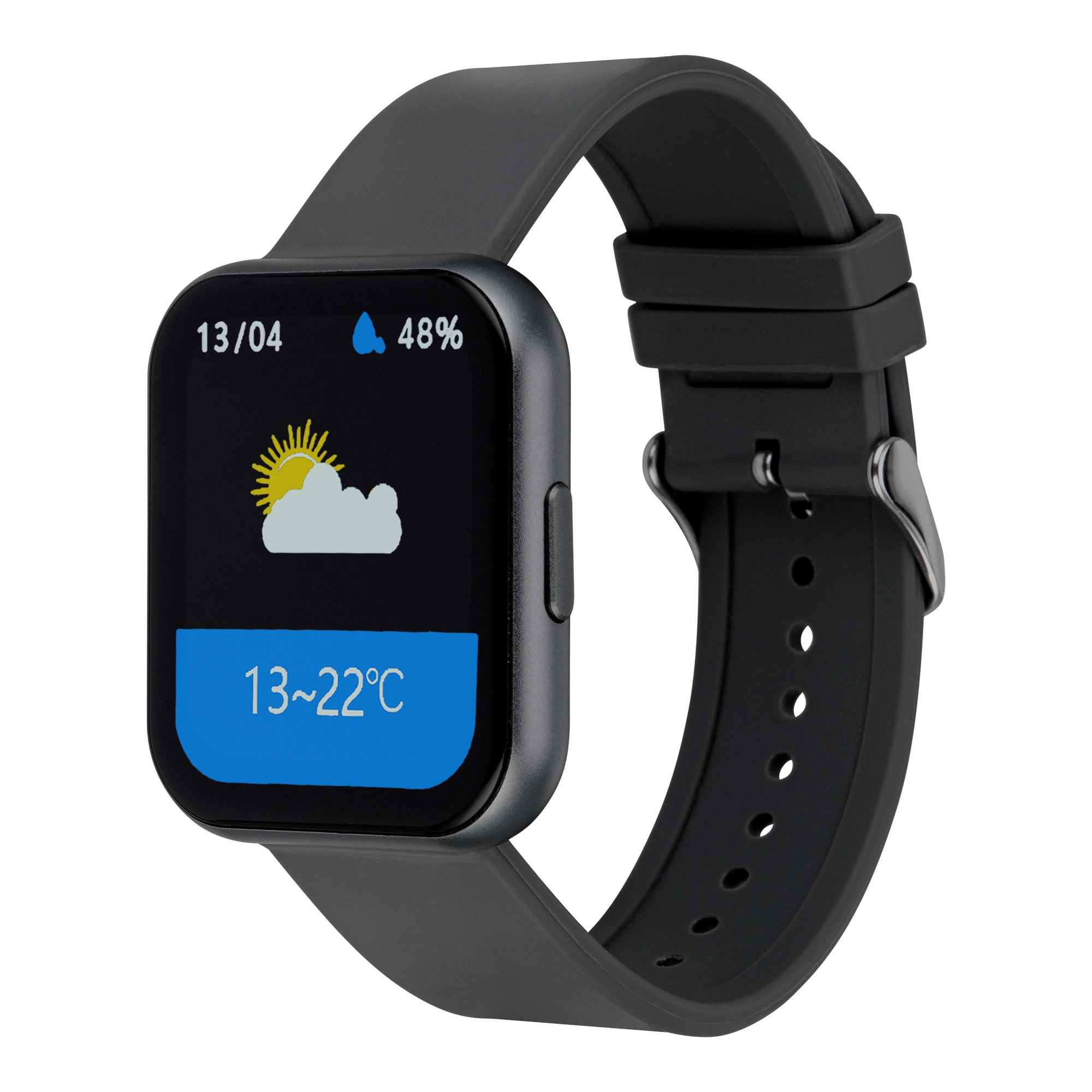 Schwarze Smartwatch mit Wetteranzeige. Zeigt Datum, Uhrzeit und Wetterbedingungen.