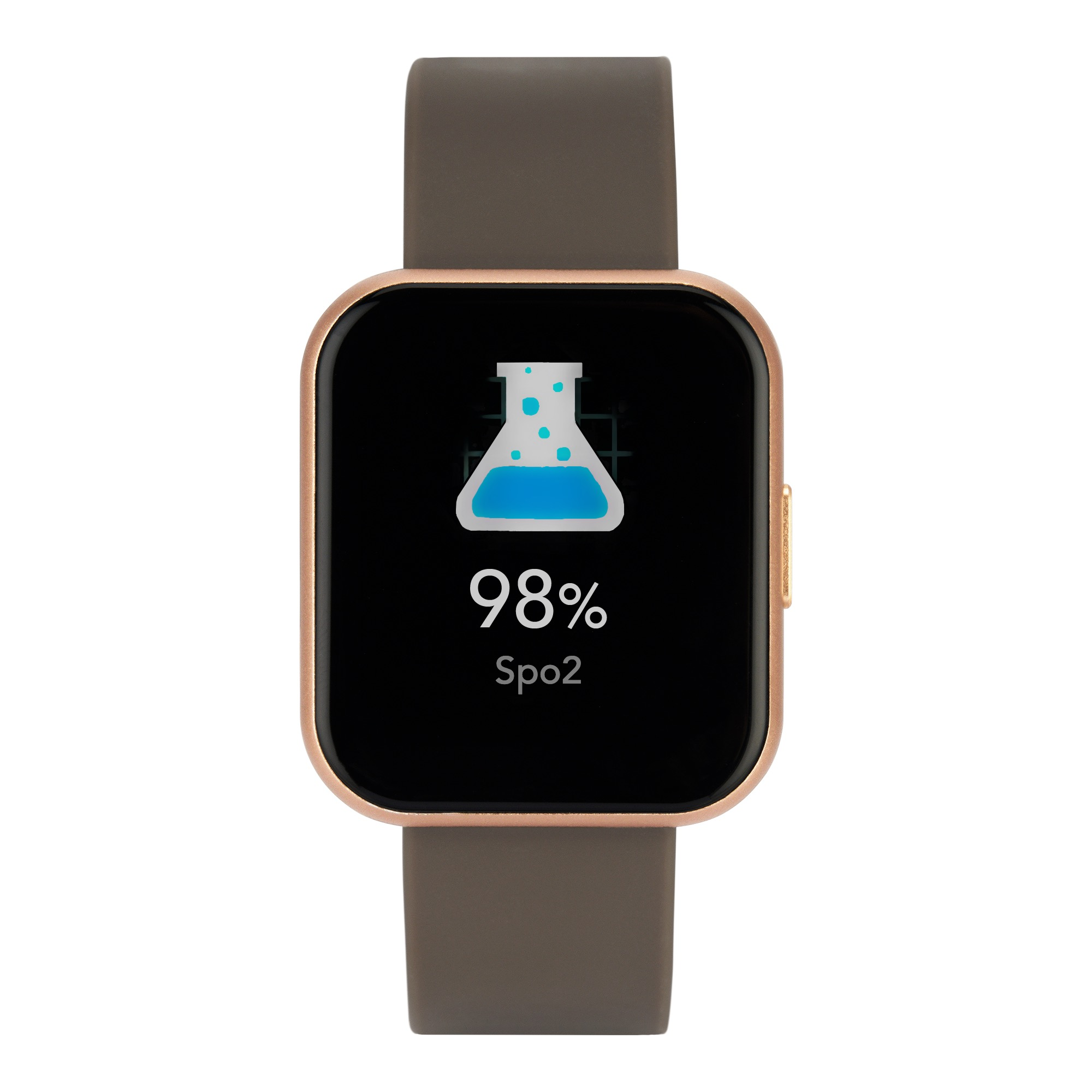 Smartwatch wyświetla odczyt SpO2 98% i ikonę kolby na brązowym pasku. Złota ramka.