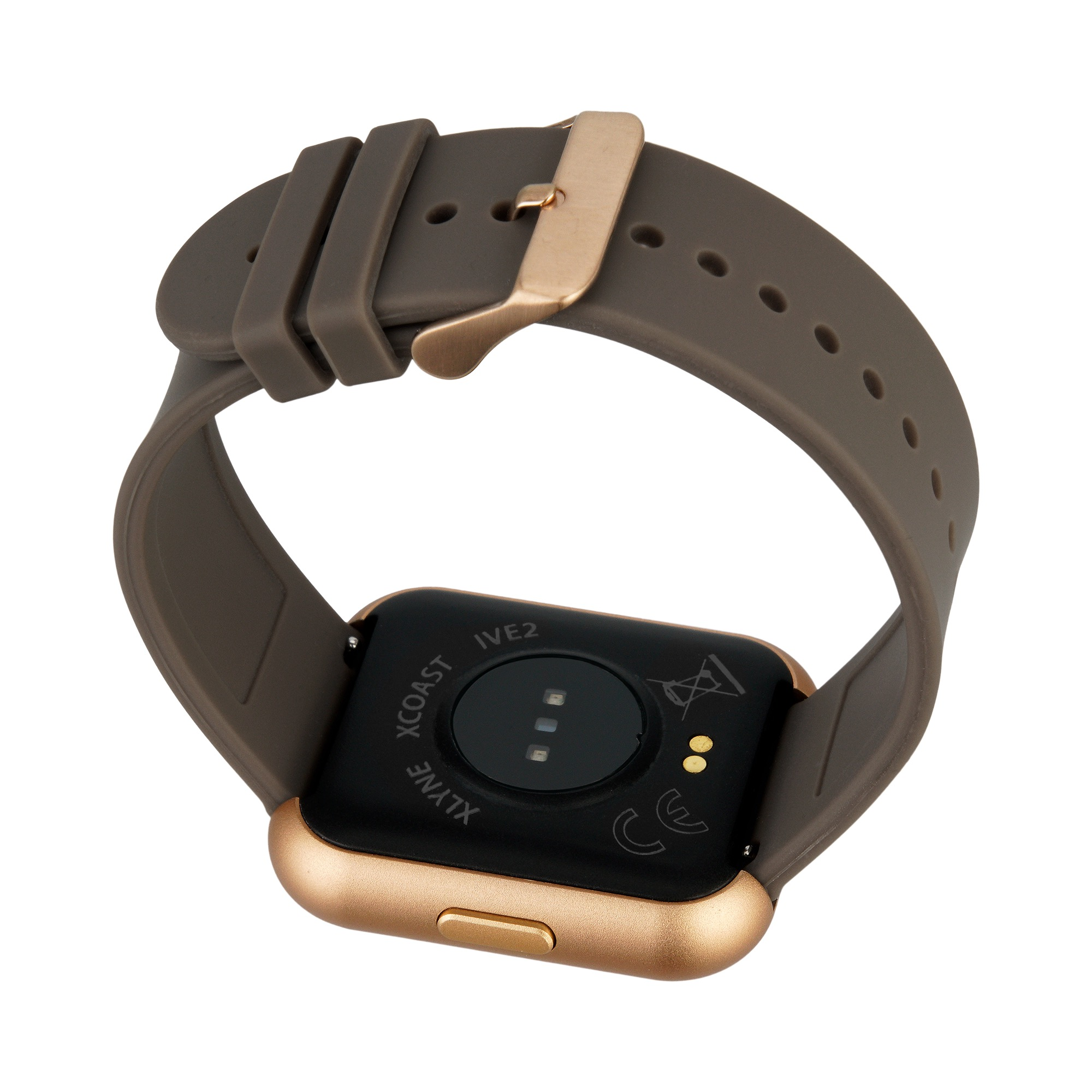Tył złotego smartwatcha. Czarna tarcza z przyciskami. Brązowy pasek do zegarka. Białe tło.