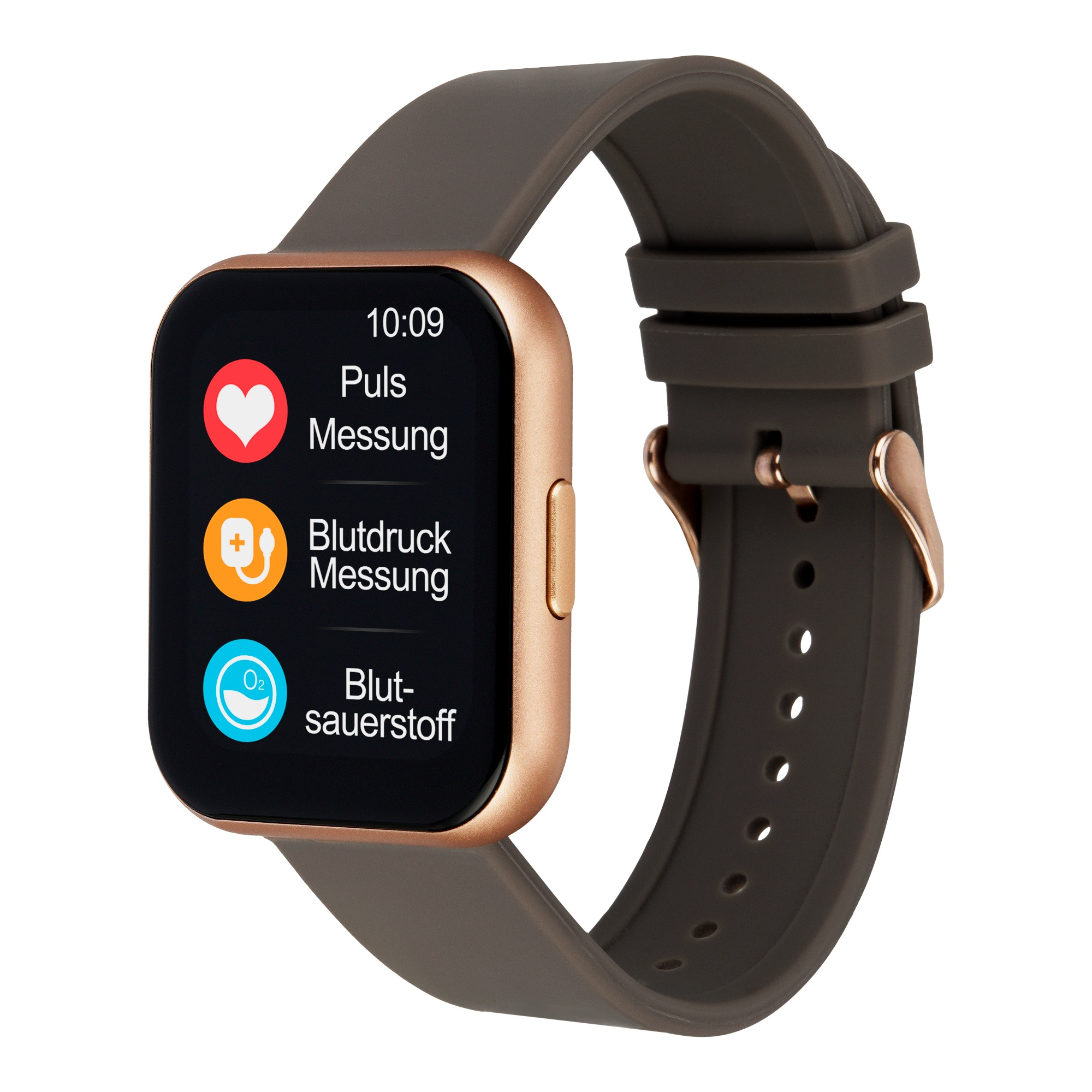 Smartwatch pokazujący czas, tętno, ciśnienie krwi i poziom tlenu.