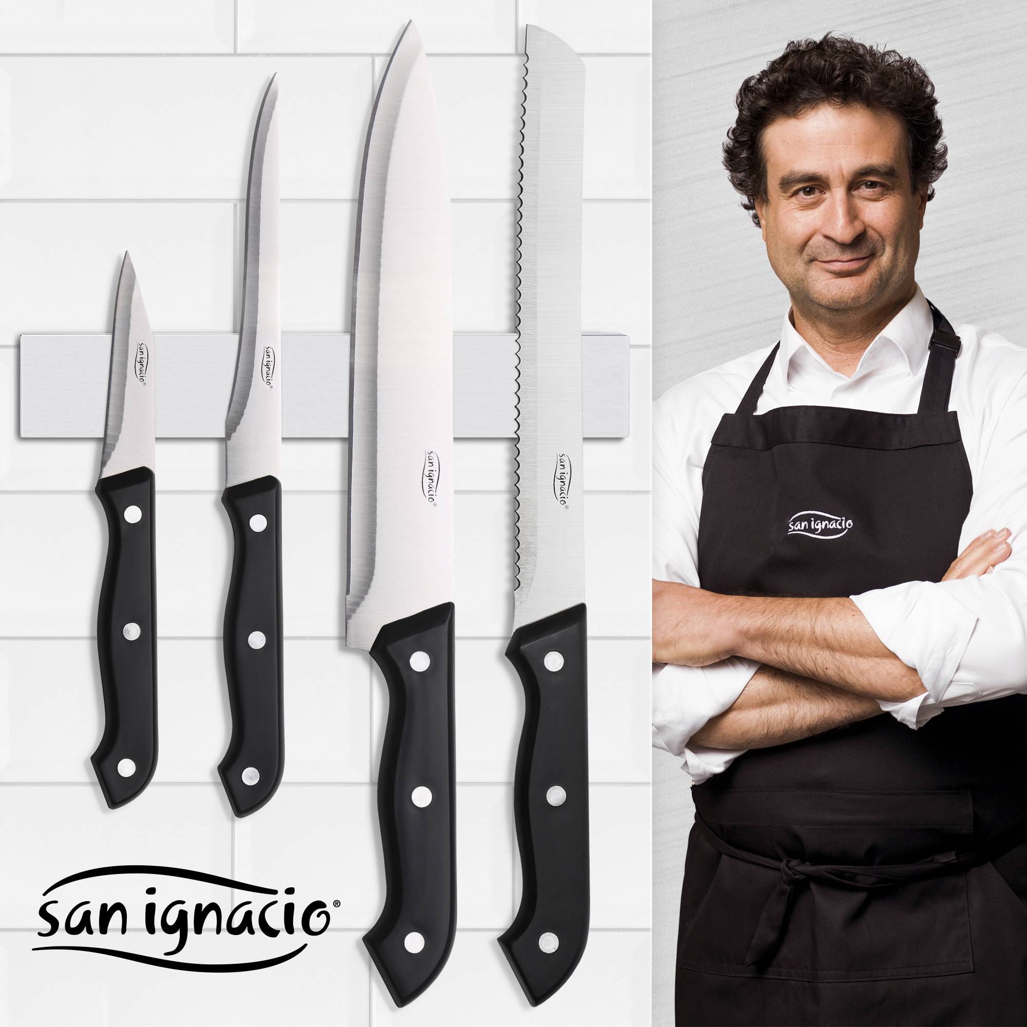 Cuchillos de cocina y chef. Cuchillos en tira magnética, chef con delantal sonriendo.