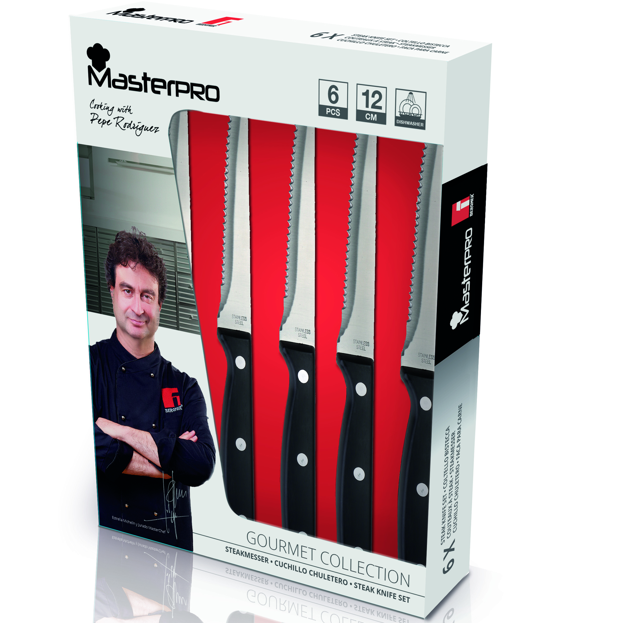 Pudełko z zestawem noży do steków. Noże mają czarne uchwyty, srebrne ostrze i logo Masterpro.