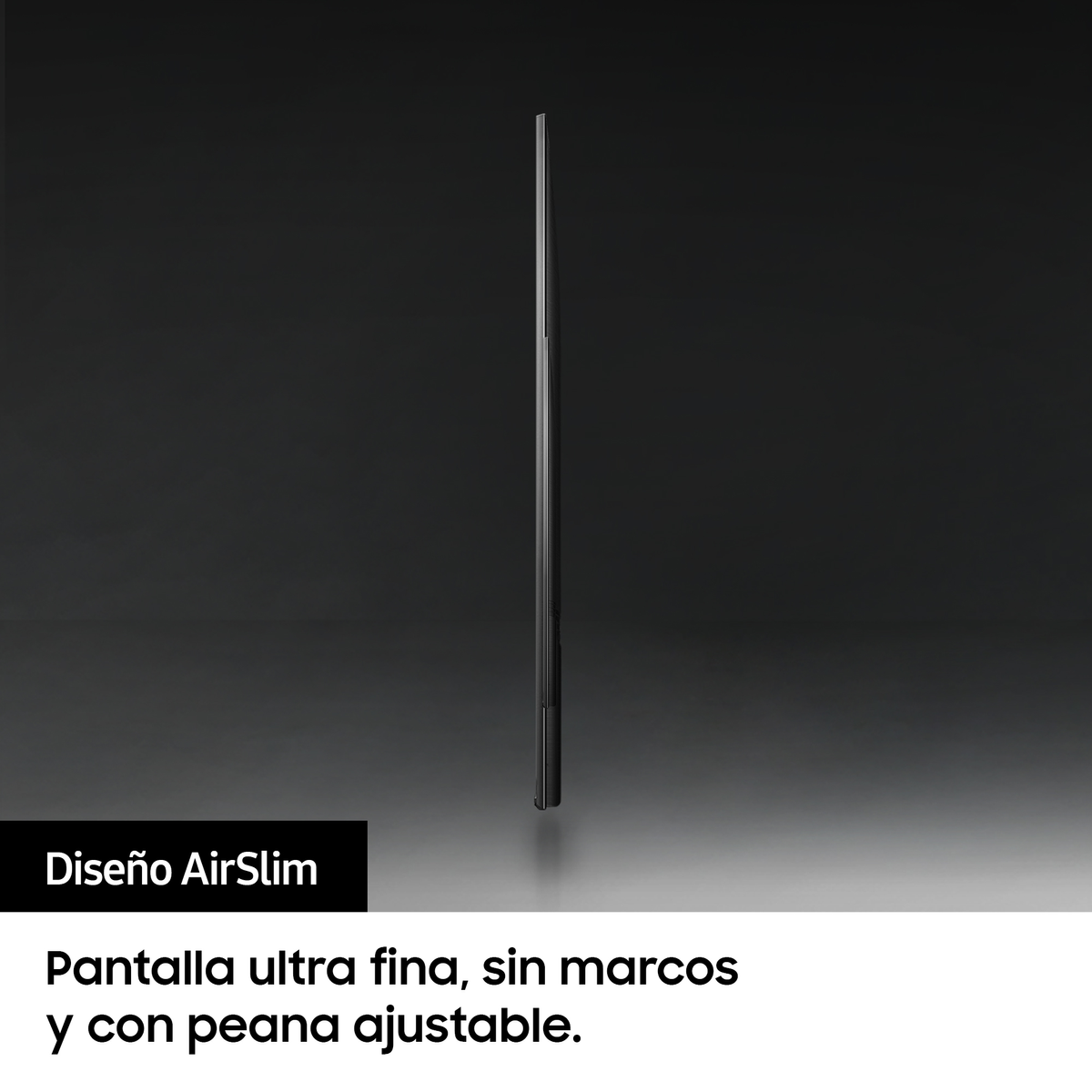 Cienki czarny telewizor z boku, tekst 'Design AirSlim'. Czarne tło, błyszczące odbicie.