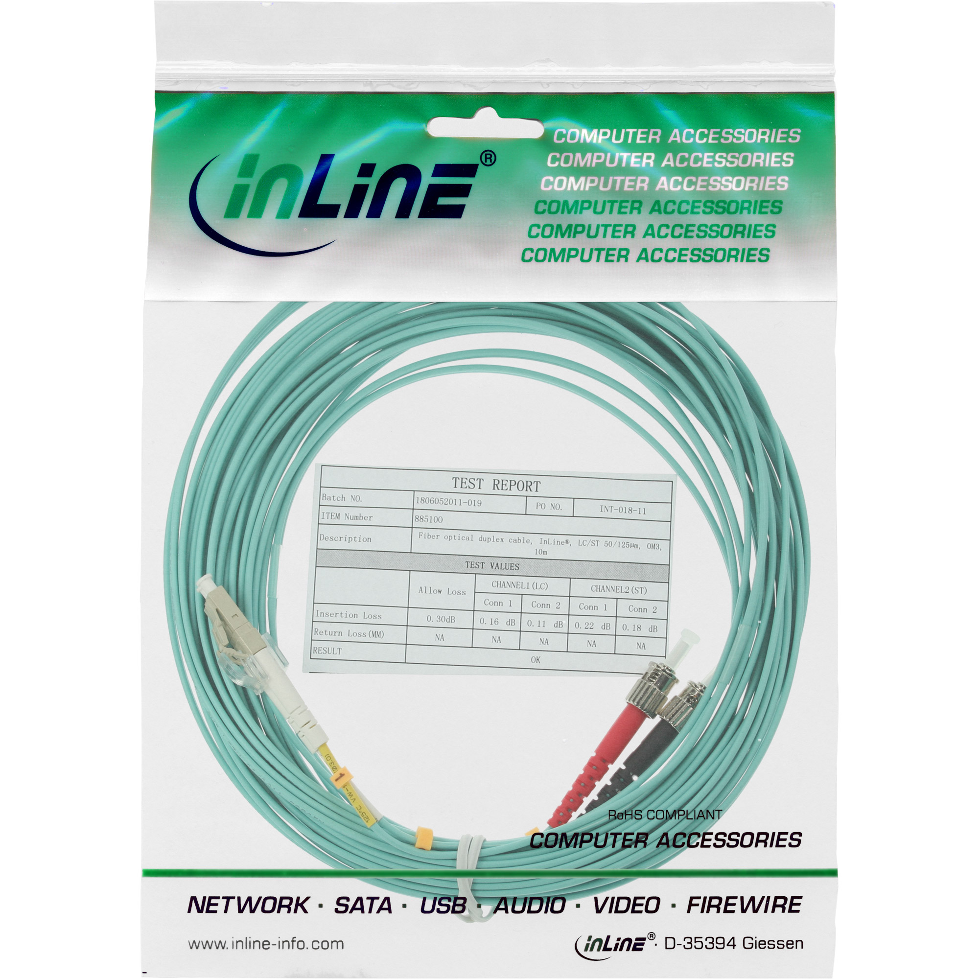 INLINE InLine® LWL Duplex LC/ST, 50/125µm, 10m Kabel, 10 OM3, Kabel Patchkabel Patchkabel, m LWL