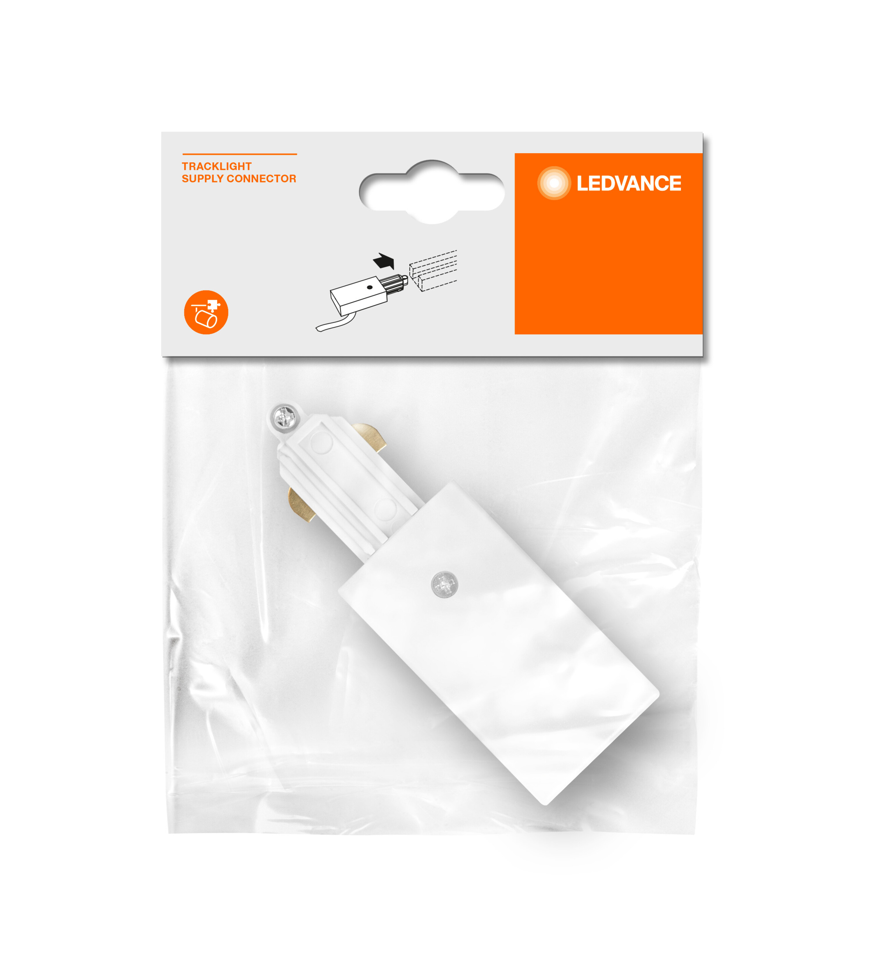 Eine weiße und orangefarbene LEDVANCE-Stromanschlussverpackung für Schienenleuchten mit Produktdetails.
