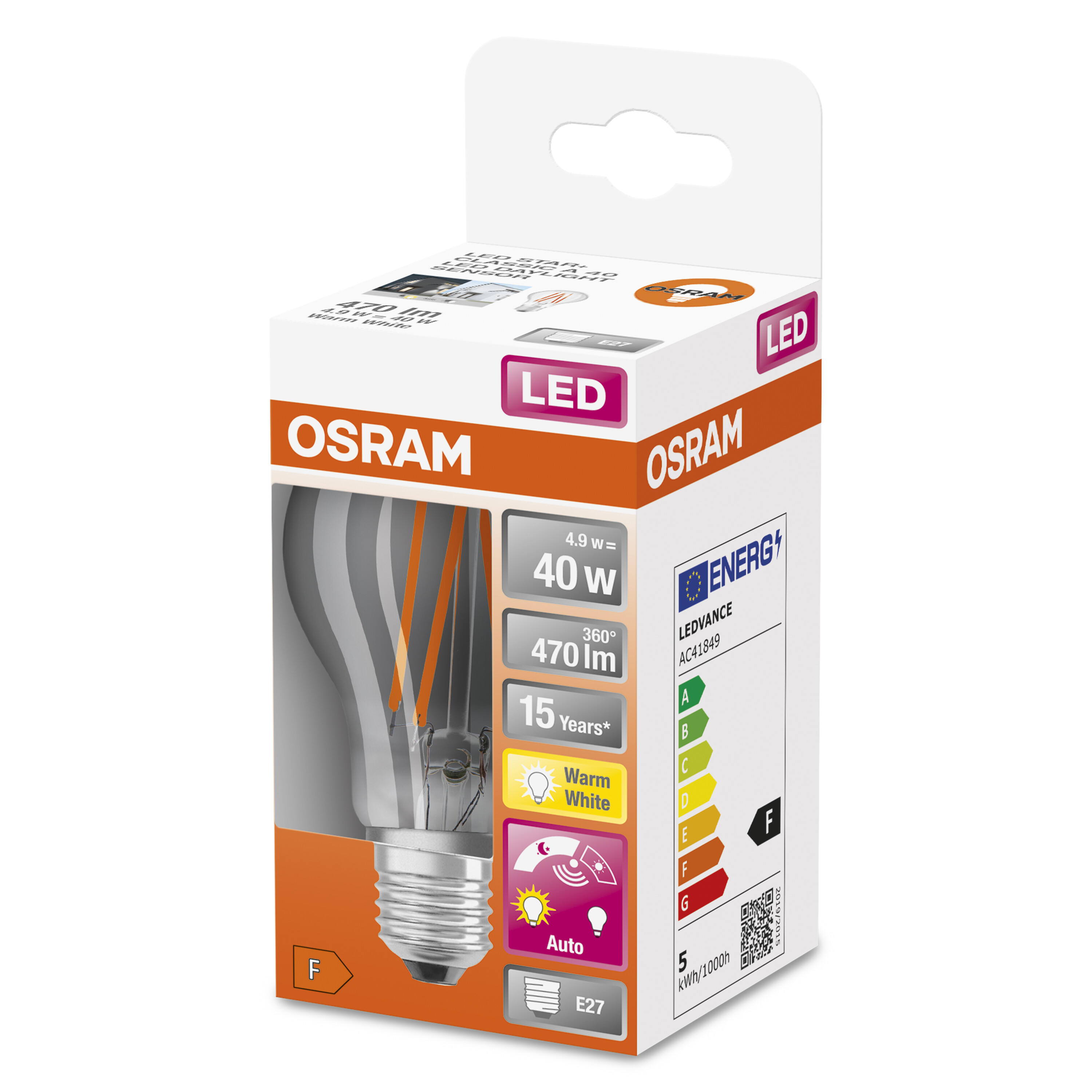 Emballage d'ampoule LED OSRAM avec informations sur le produit et détails sur l'efficacité énergétique.