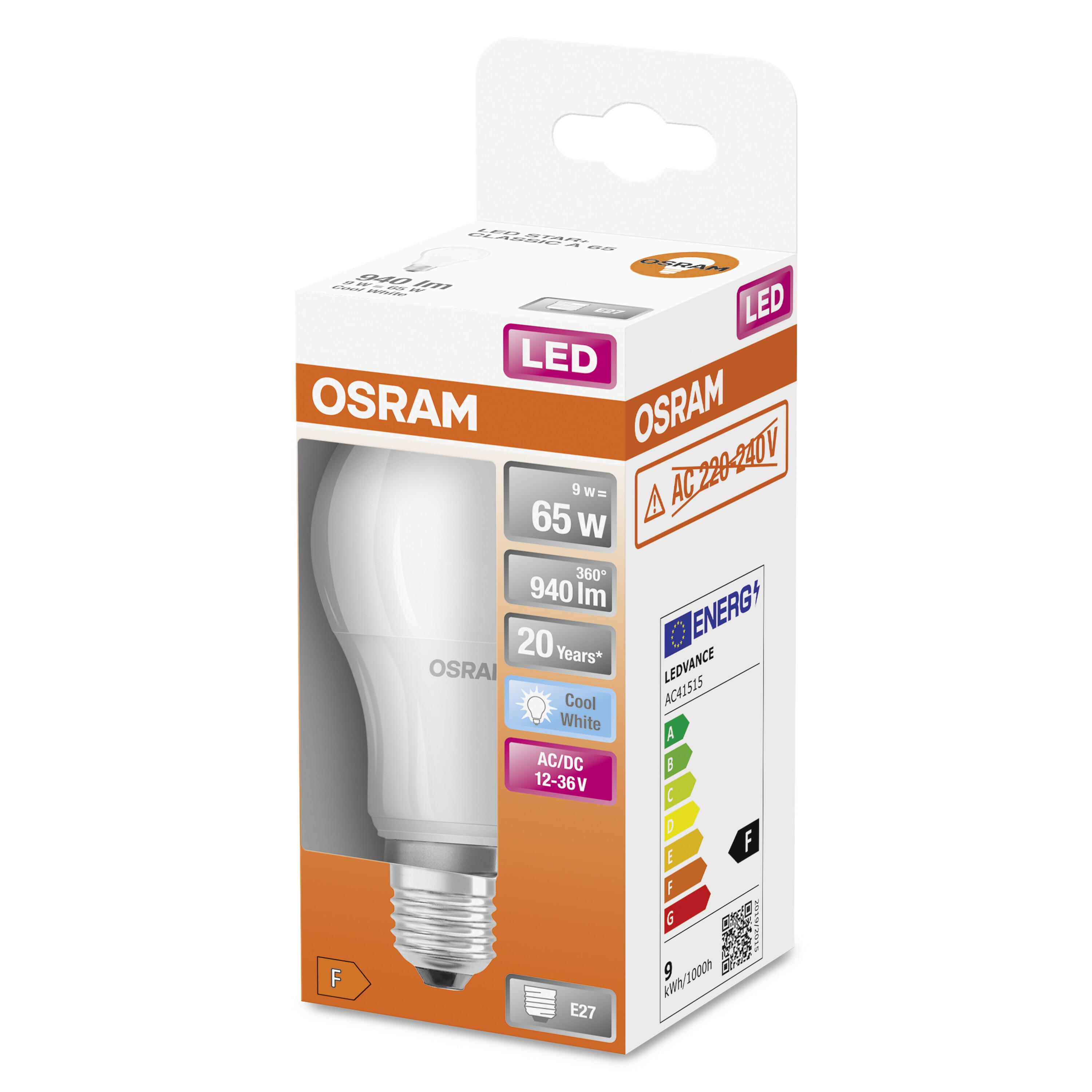 Una lampadina LED Osram in una scatola bianca e arancione con dettagli sull'efficienza energetica.