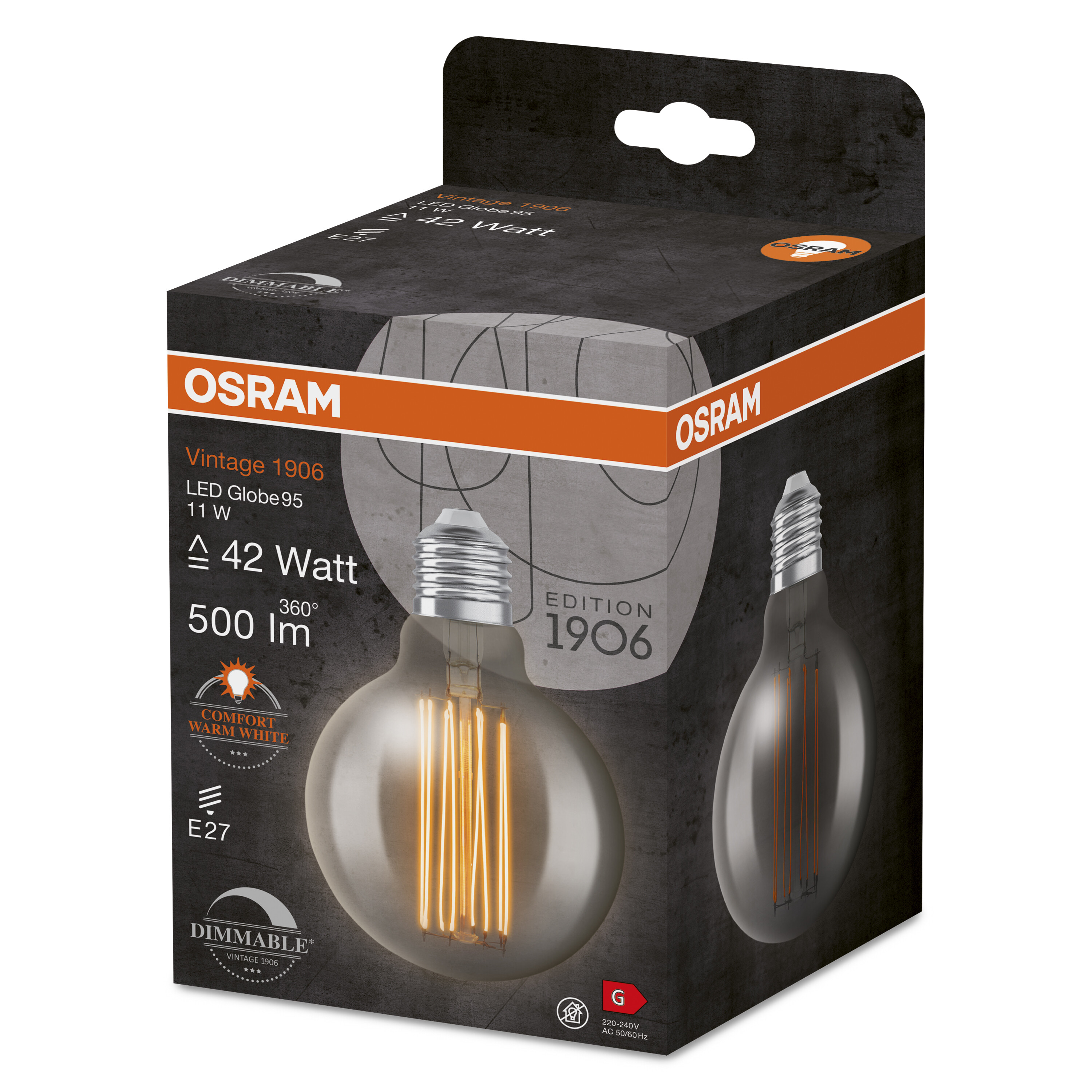 Ampoule OSRAM Vintage 1906 dans une boîte. C'est une LED Globe 95 avec 11W, équivalent 42 watts, 500lm.