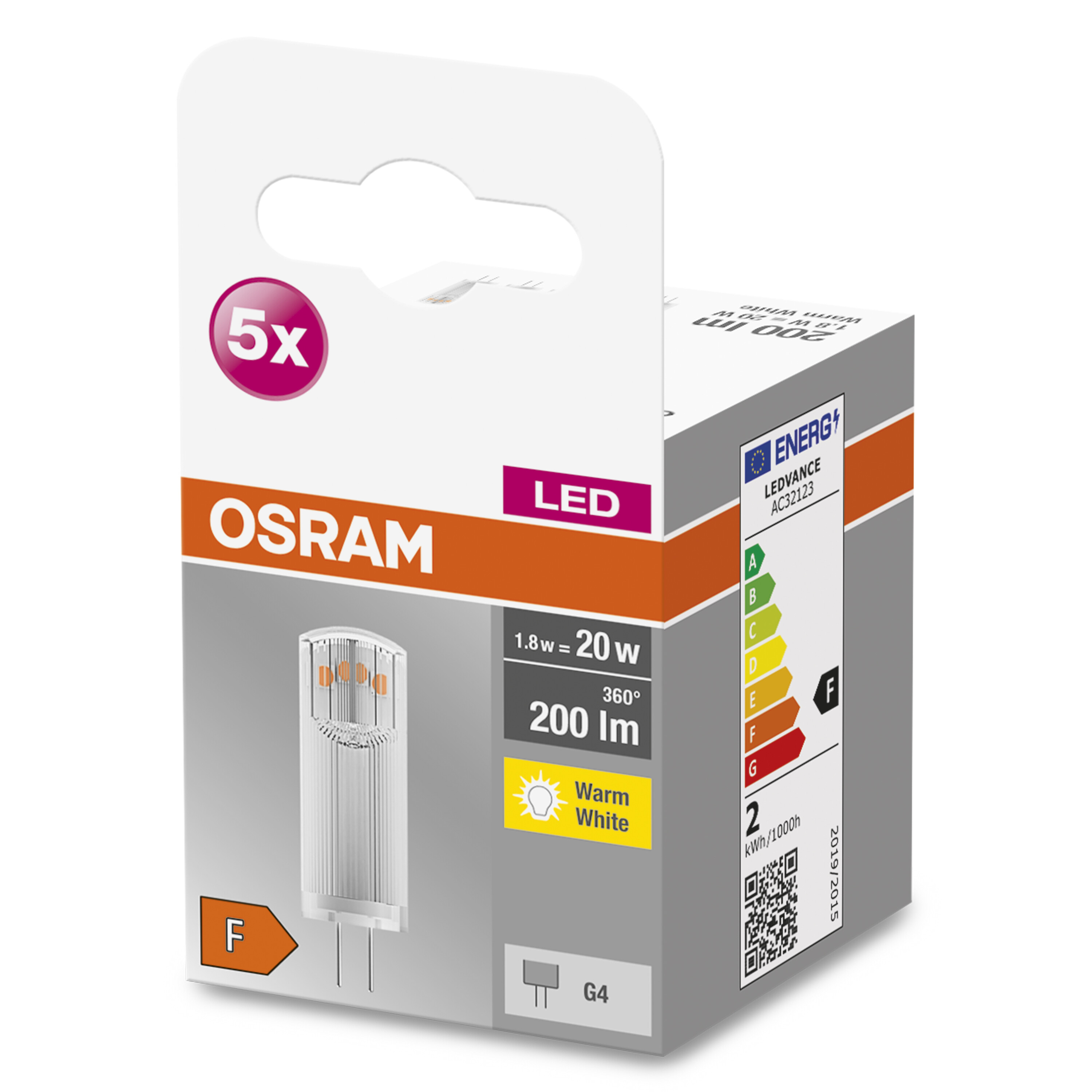 Paquet d'ampoule LED OSRAM, blanc et violet, avec étiquette énergétique et illustration d'ampoule.