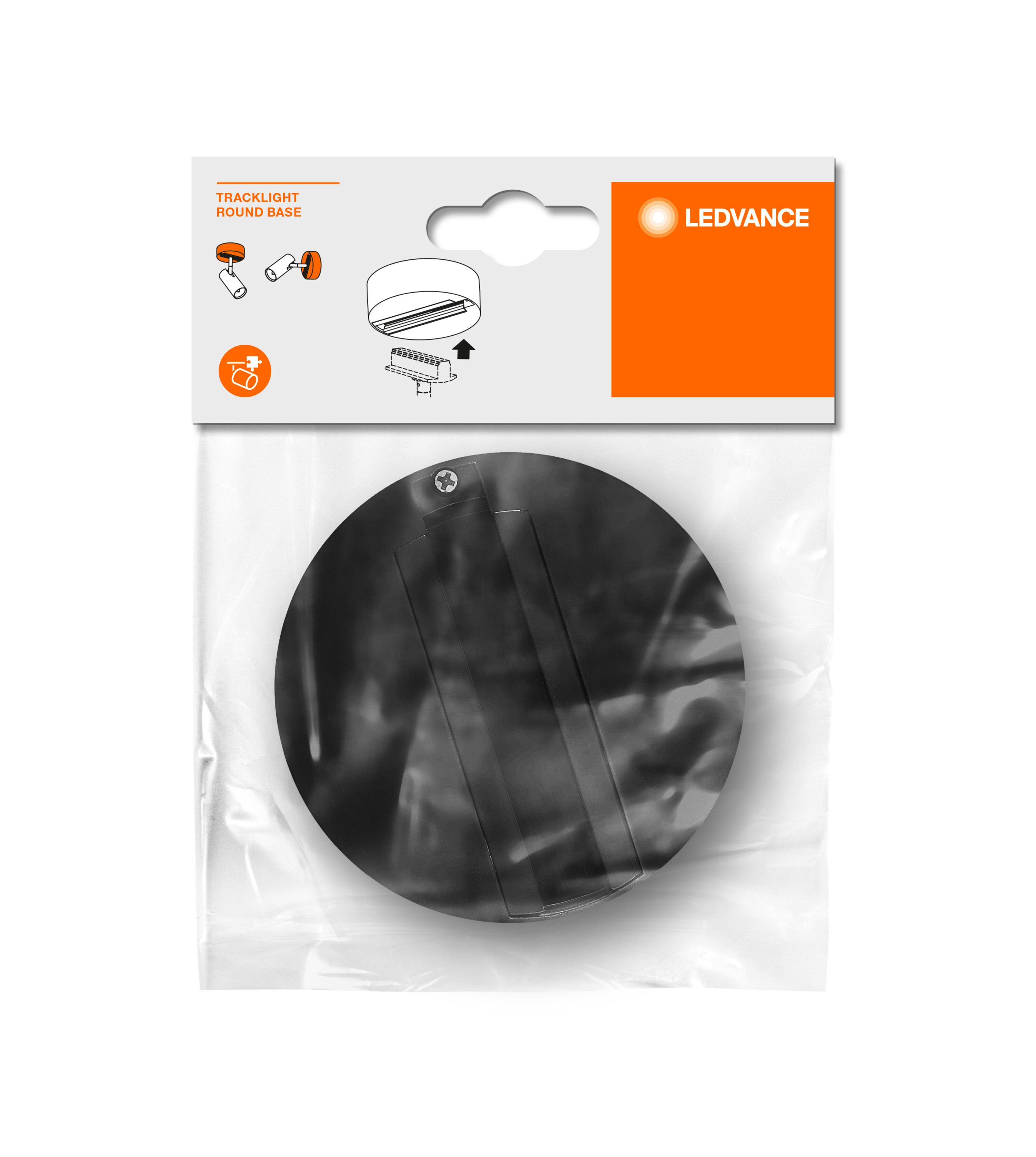 Verpackung für eine Tracklight-Rundbasis, die ein Diagramm und das Ledvance-Logo zeigt.
