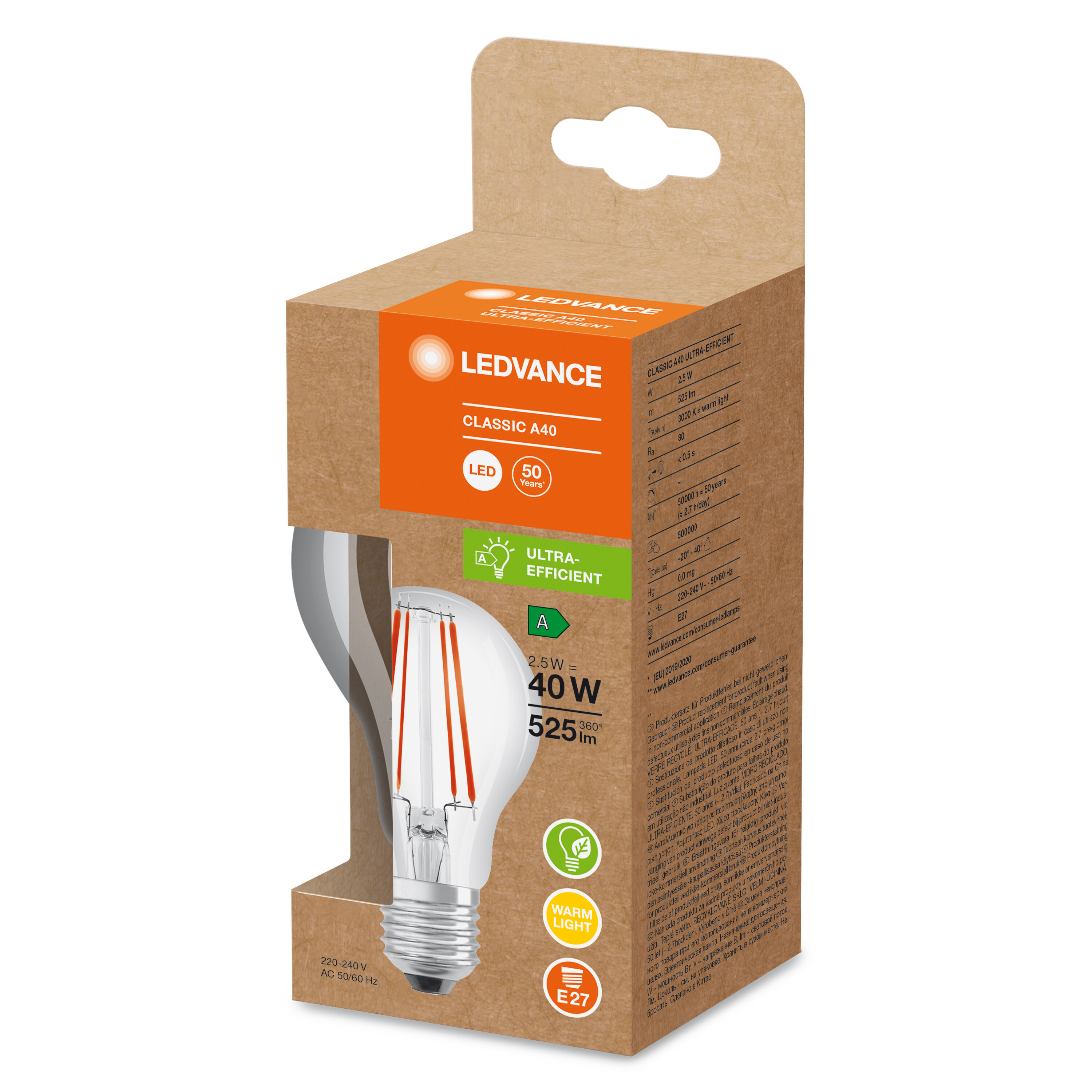 Ledvance LED-Glühbirne in einem Karton mit Details zur Energieeffizienz.
