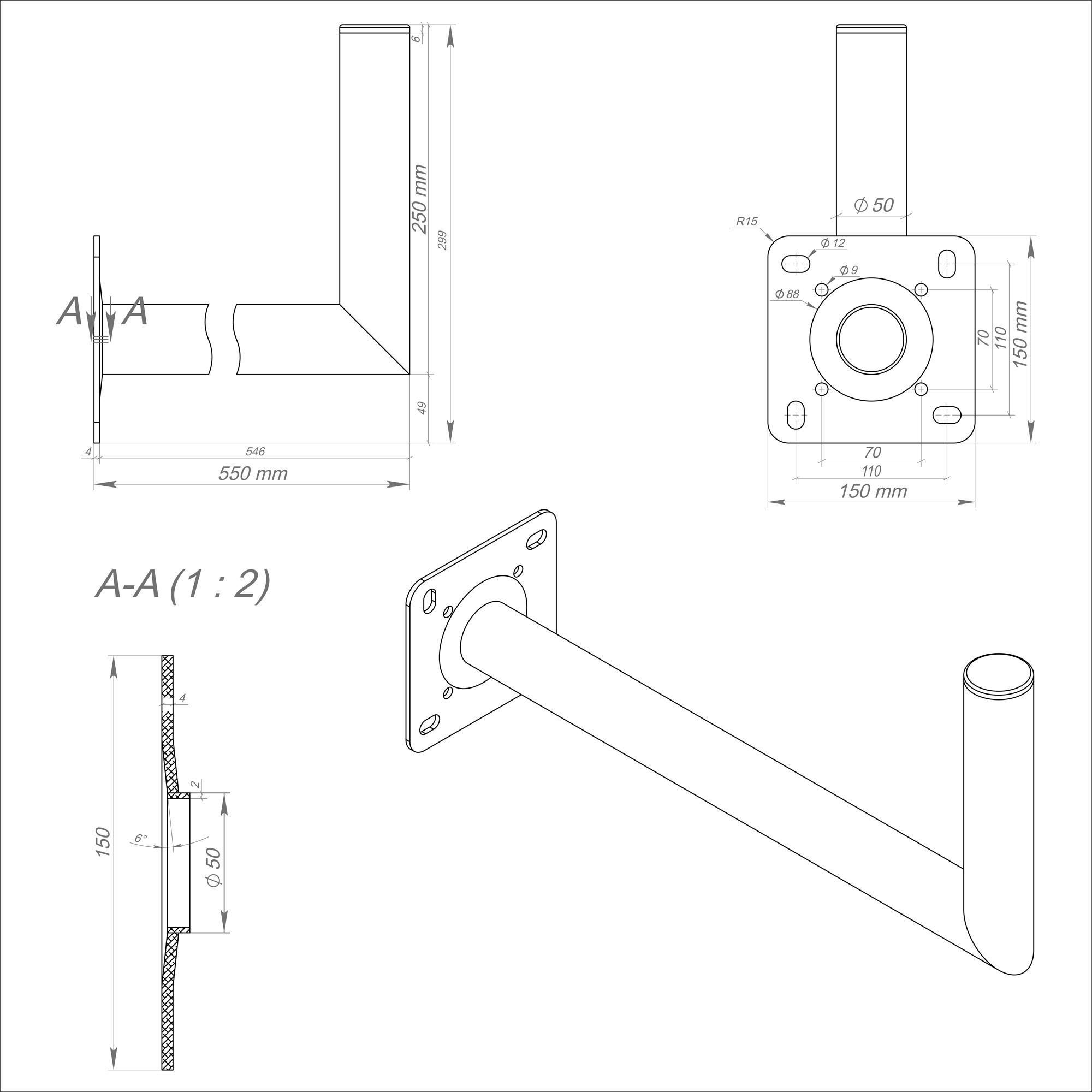 Technische Zeichnung mit Bemaßungen. Zeigt einen L-förmigen Winkel und eine Montageplatte.