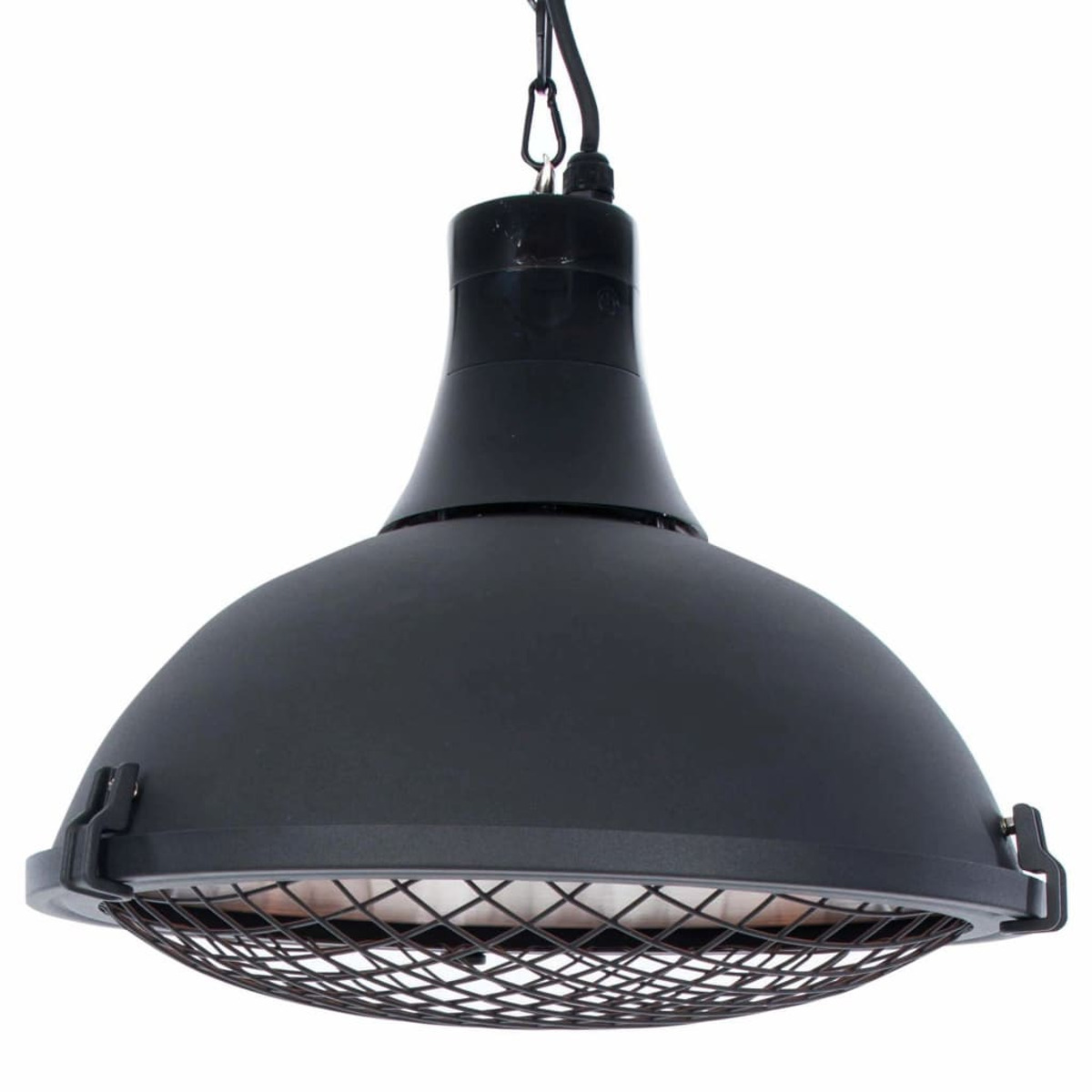 Schwarze hängende Wärmelampe mit Drahtgeflecht. Die Lampe ist kuppelförmig.