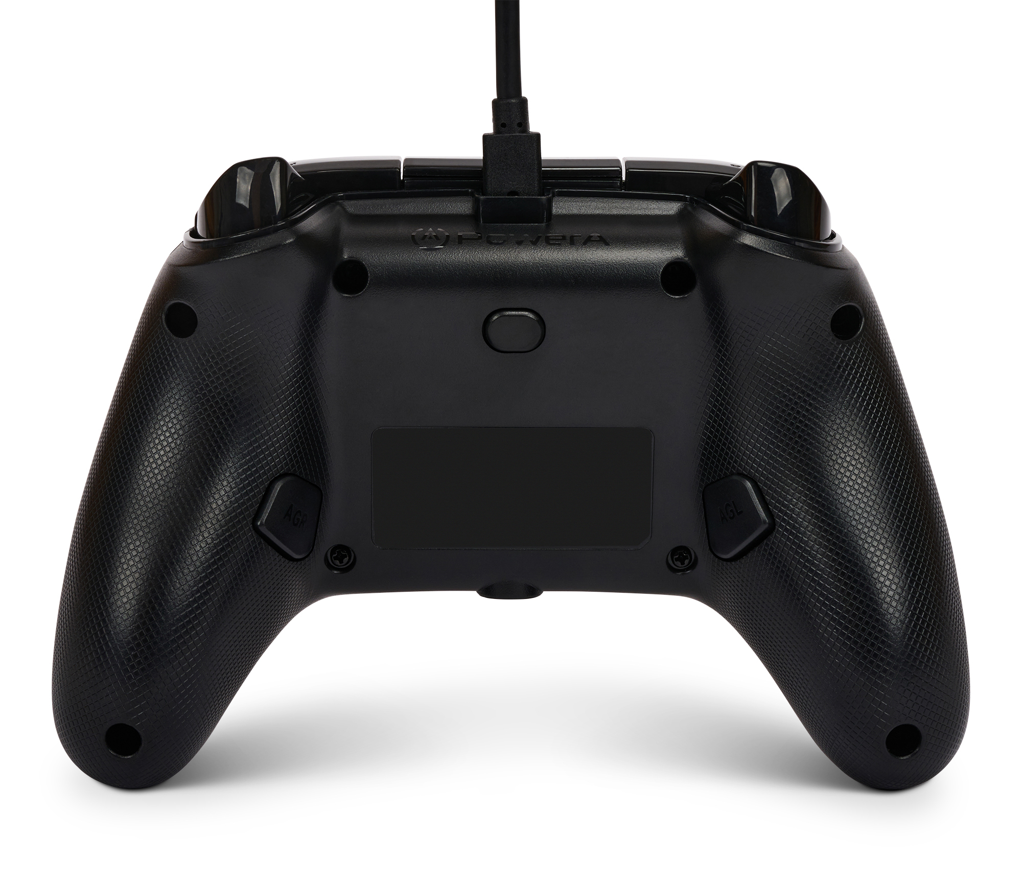 Czarny gamepad, widok z tyłu, z przyciskami i kablem do podłączenia.