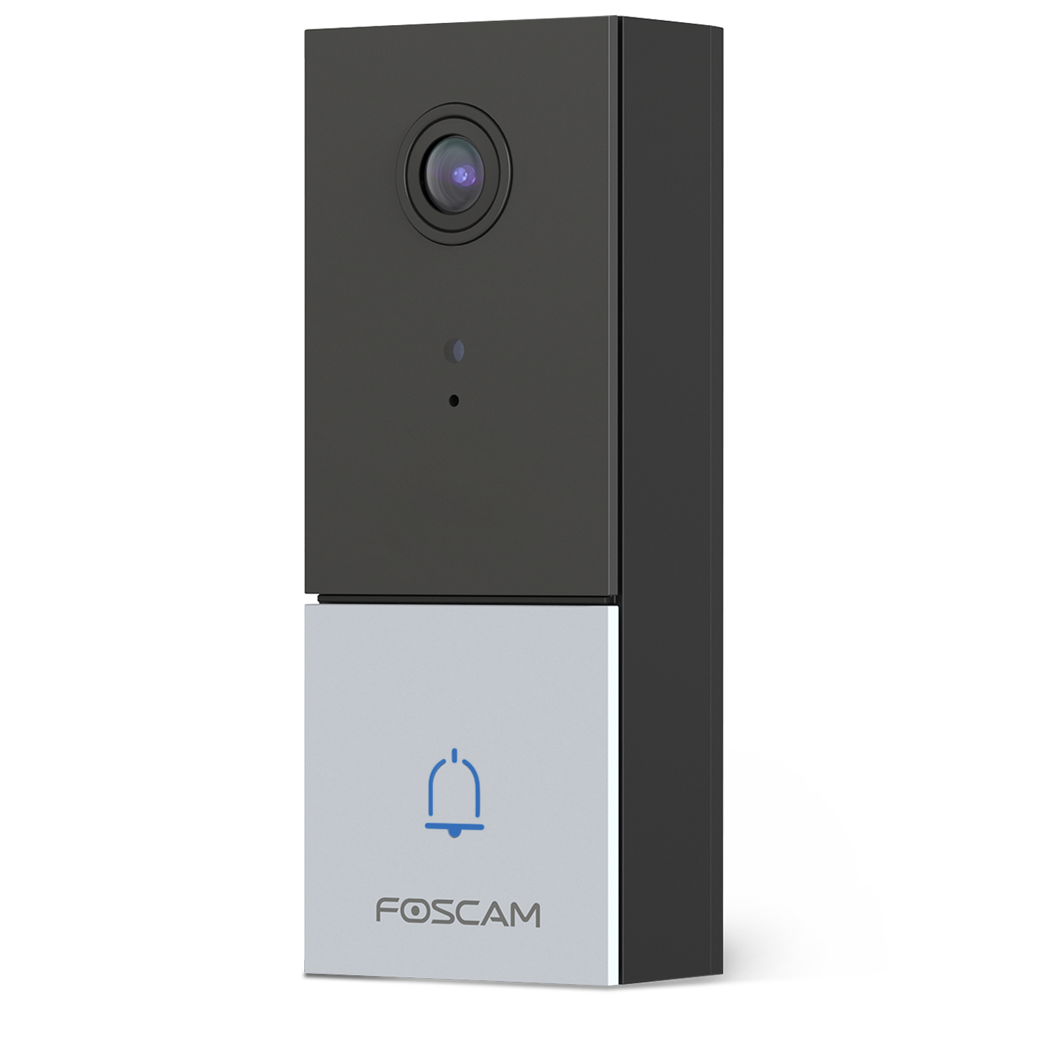 Telecamera per campanello Foscam nera e argento. Dispone di una fotocamera e di un pulsante del campanello.