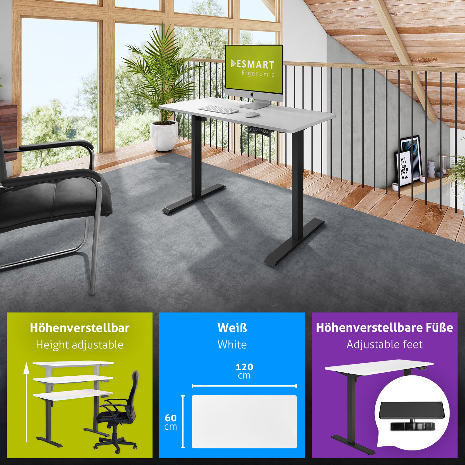 höhenverstellbarer ESMART 120 60 x Schreibtisch ETX-121BW cm elektrisch