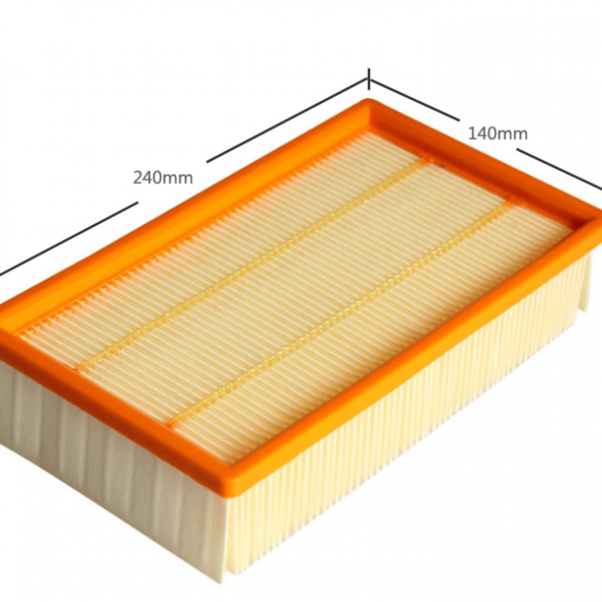 Luchtfilter met oranje rand en een wit interieur. Afmetingen van 240 mm x 140 mm worden getoond.