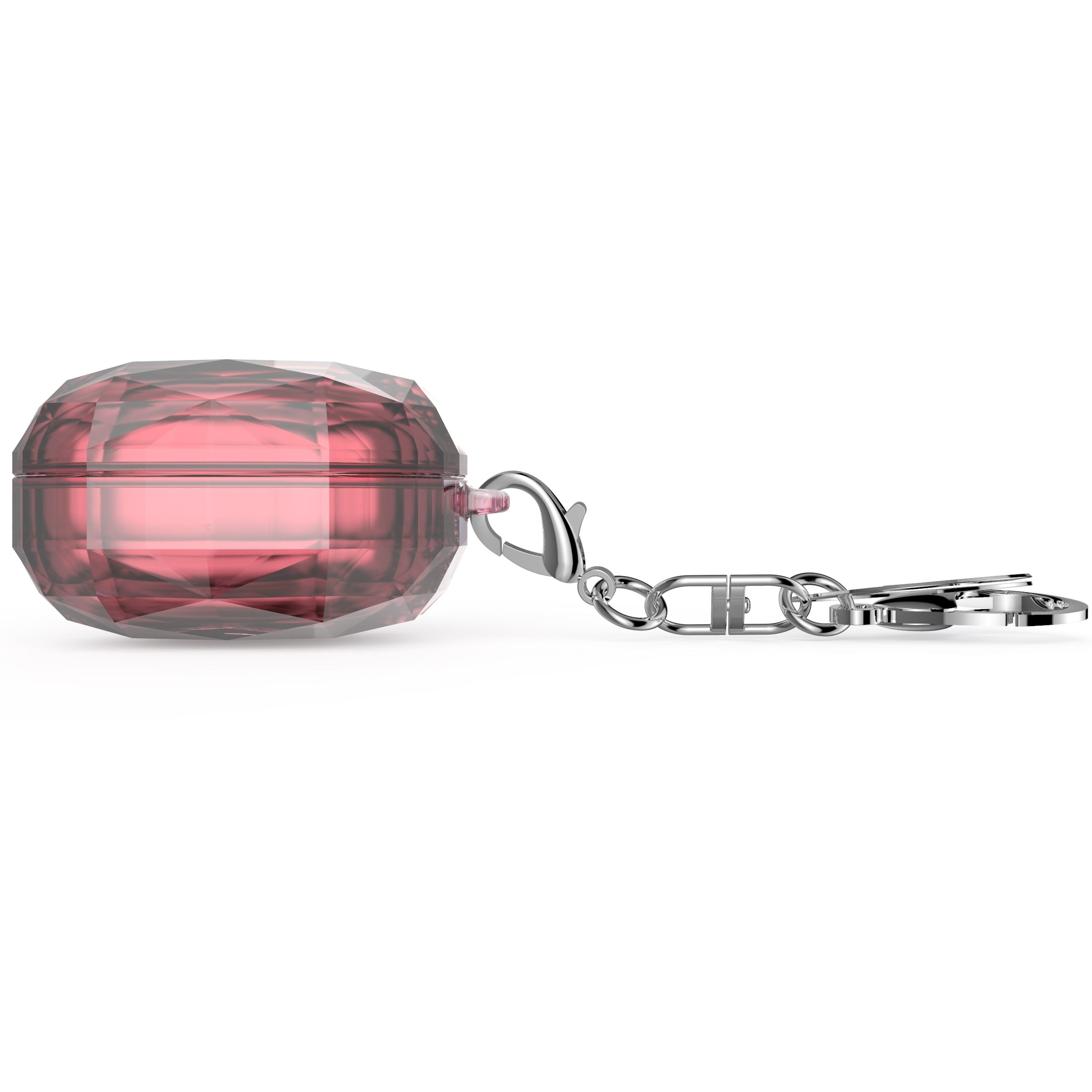 Una funda transparente en forma de joya rosa con cadena y cierre plateados sobre fondo blanco.