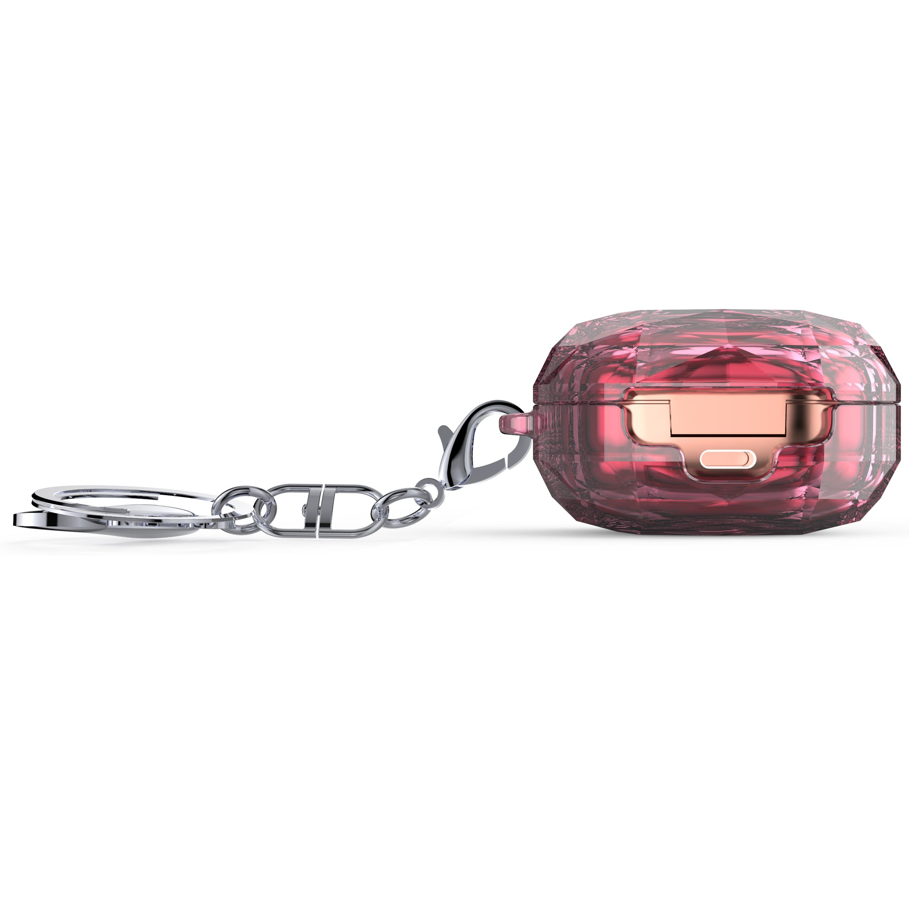 Estuche rojo con forma de joya con cadena y cierre plateados, contiene auriculares.