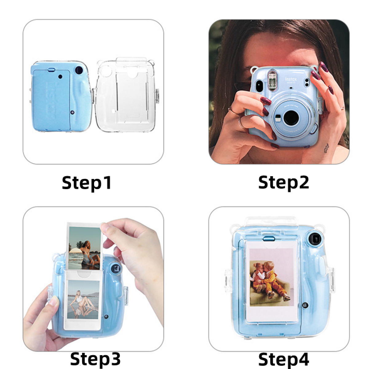 Eine blaue Kamera wird in vier Schritten gezeigt: Box, Kamera, Foto und Foto in der Kamera.