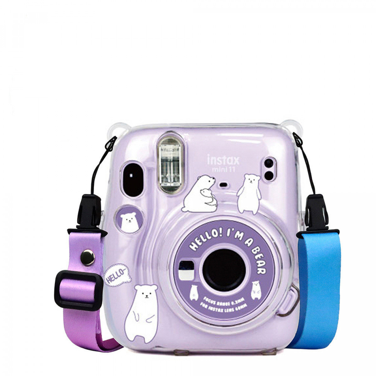 Eine lila Instax-Kamera mit Bären-Design und blauem Riemen.