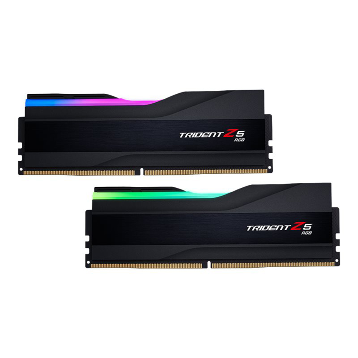 Dwa moduły pamięci RAM. Są czarne z podświetleniem RGB i mają logo Trident Z5.