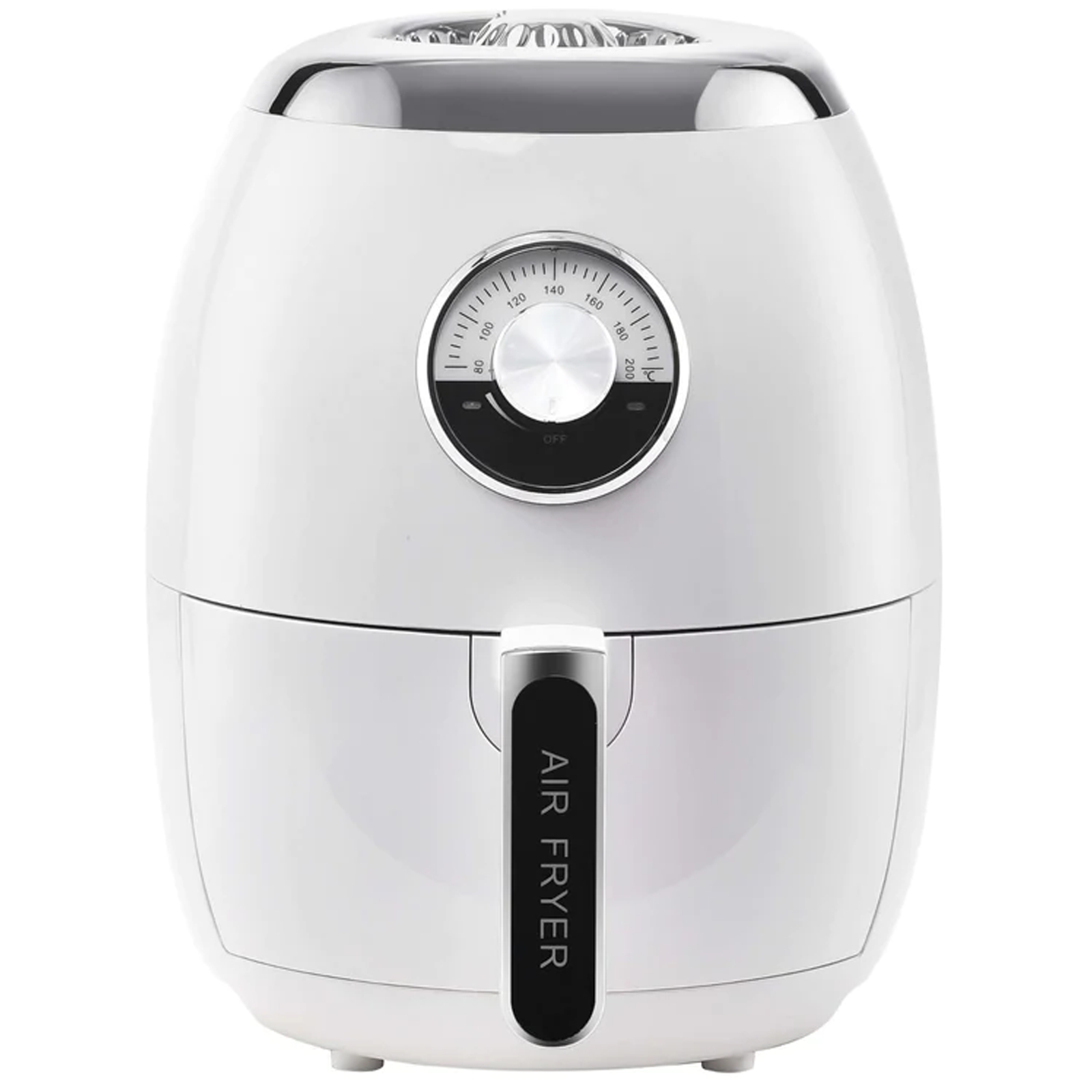 Weißer Heißluftfritteuse mit Temperaturregler und Griff. Schwarzer Text: AIR FRYER. Weißer Hintergrund.