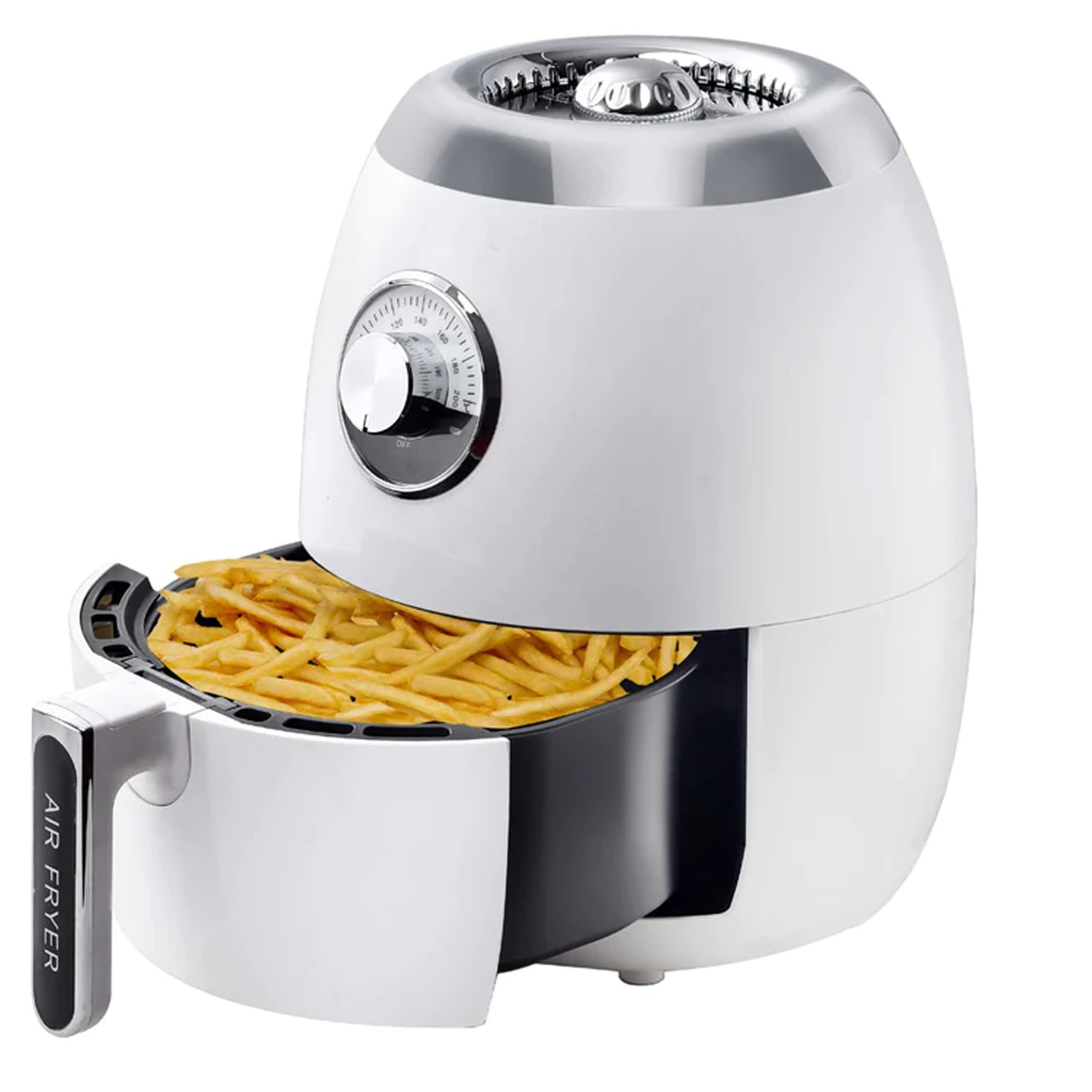 Weißer Heißluftfritteuse mit einem schwarzen Korb voller Pommes und einem Drehregler zur Temperaturregelung.