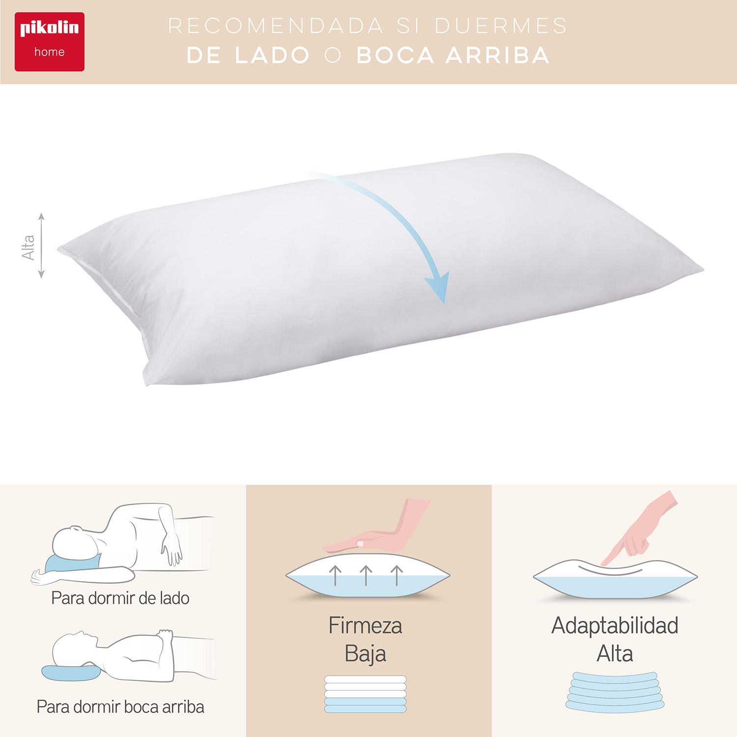 Una almohada blanca con una flecha azul que indica la posición recomendada para dormir, sobre fondo blanco.
