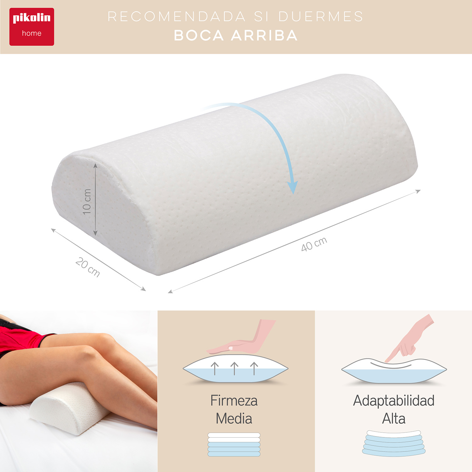 Almohada blanca con medidas y diagramas. Texto: recomendado para durmientes de espalda, firmeza media.