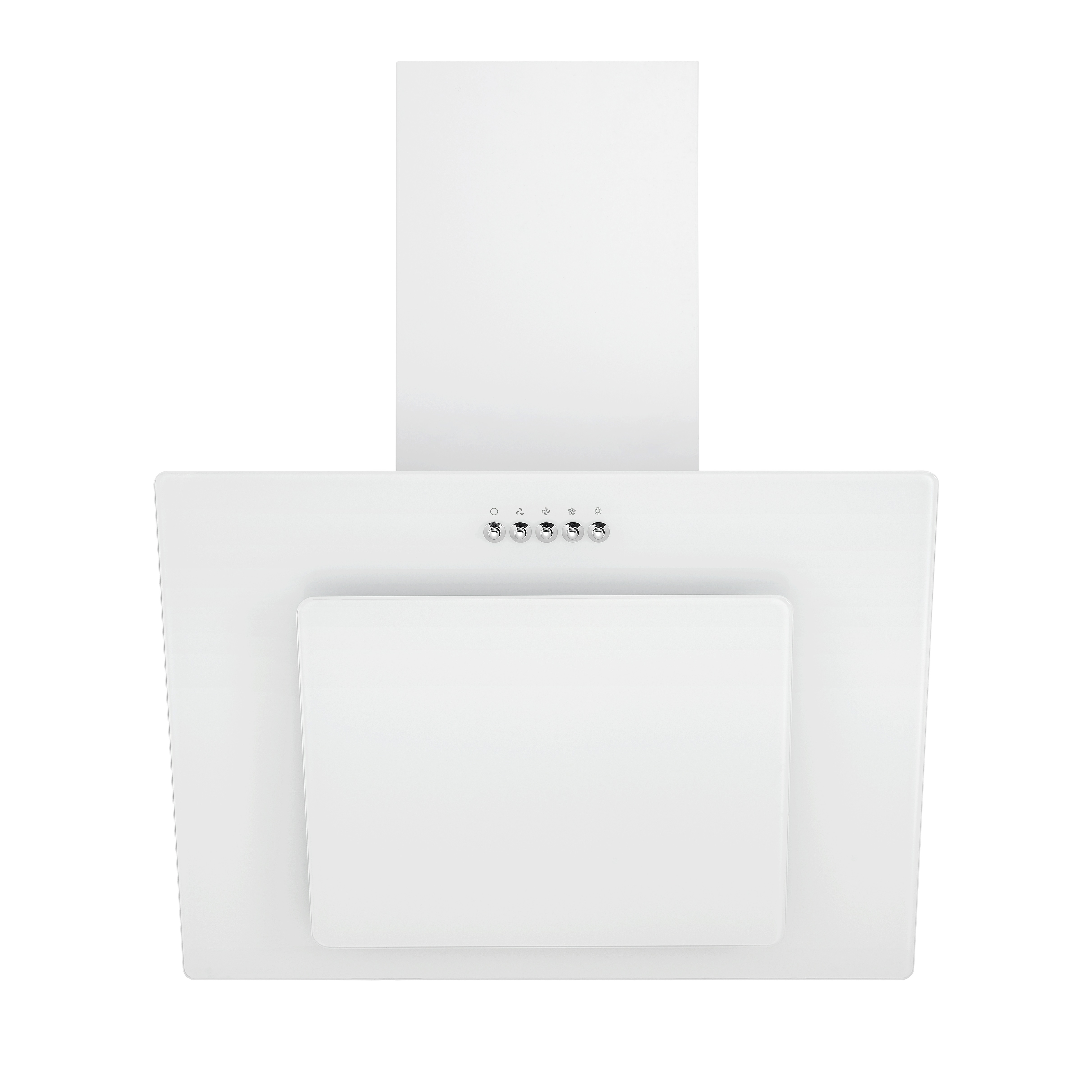 Une hotte aspirante blanche sur fond blanc. Elle est rectangulaire avec des boutons de commande.