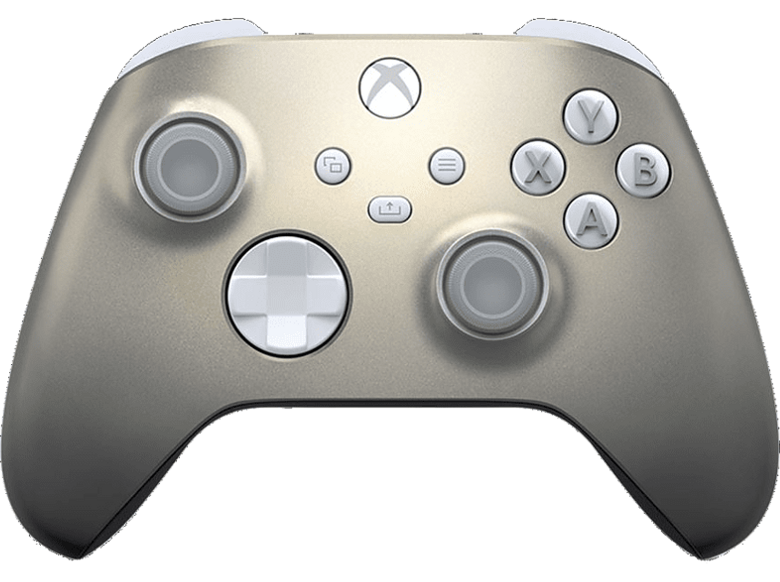 Silber-grauer Xbox-Controller mit Knöpfen und schwarzem Hintergrund.