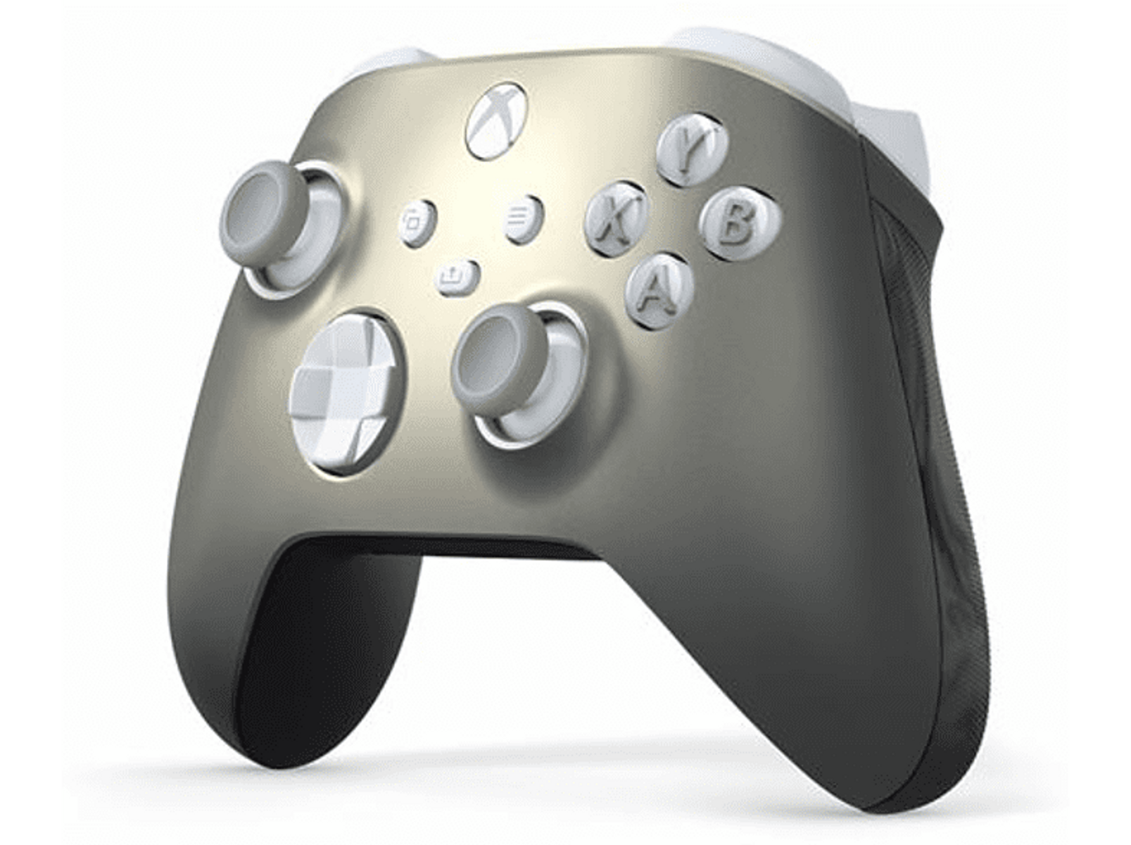 Gold-schwarzer Xbox-Controller mit weißen Knöpfen. Das Xbox-Logo befindet sich in der Mitte.