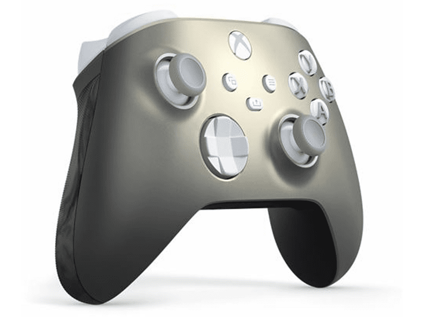 Xbox Controller, silber und schwarz. Weiße Details oben. Schräge Aufnahme.