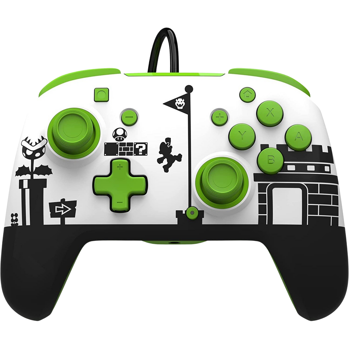 Biało-zielony kontroler Nintendo Switch z grafiką i przyciskami w stylu Mario.