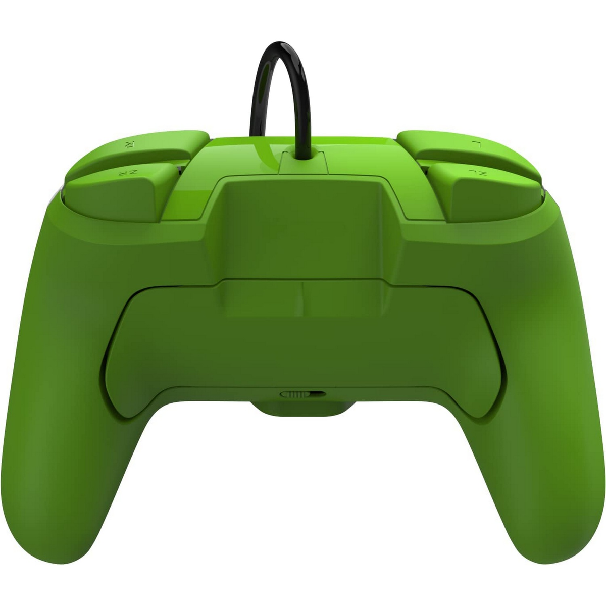 Zielony kontroler do gier. Widok z góry, z przyciskami i kablem. Białe tło.