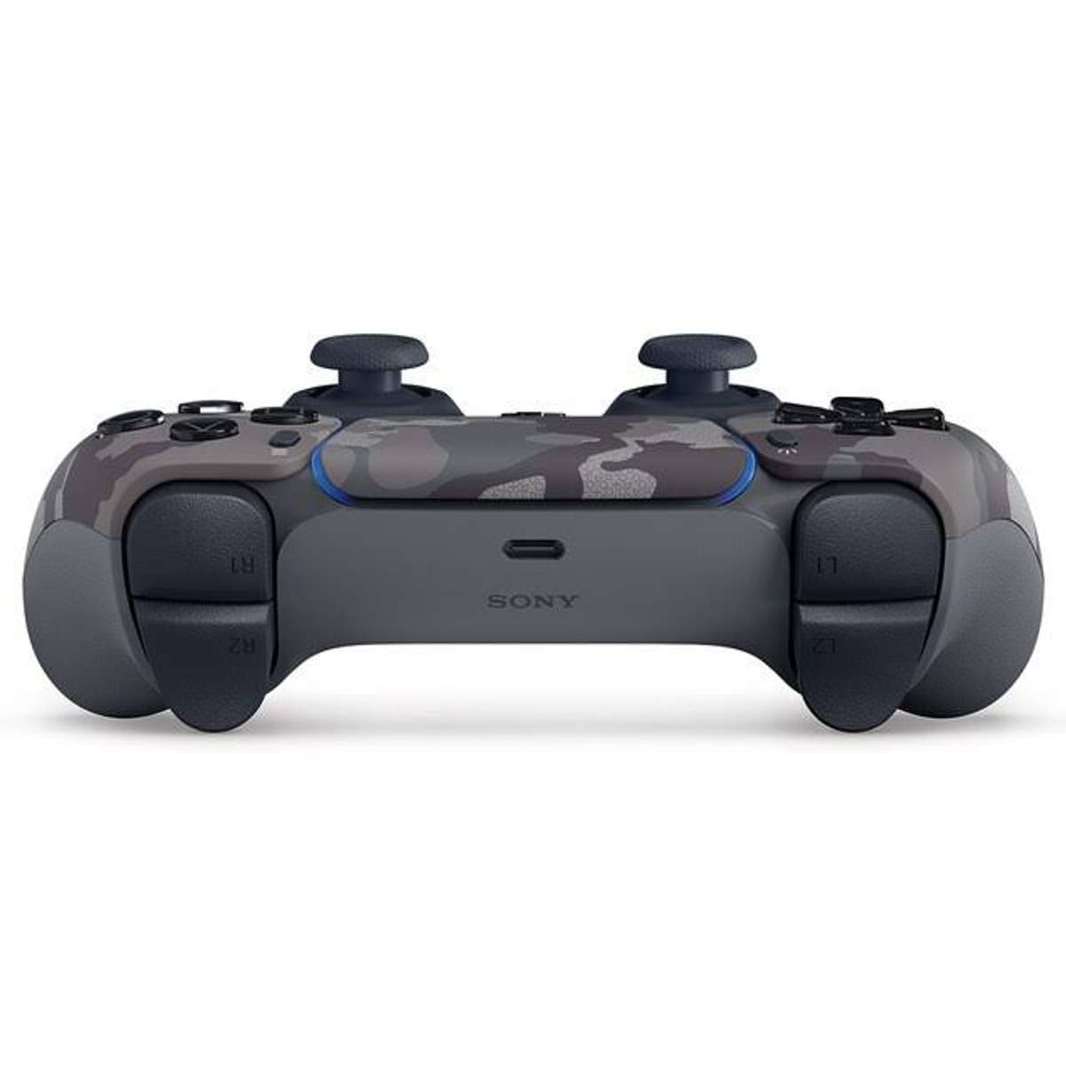 Mando de PlayStation 5 gris y con estampado de camuflaje. Botones y palancas analógicas.