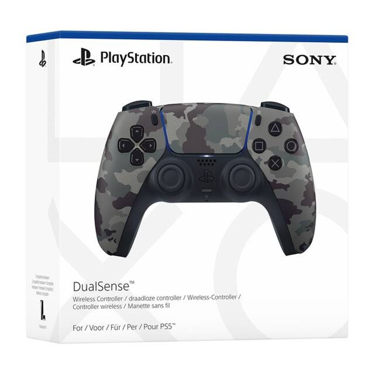 Un mando DualSense de PlayStation con diseño de camuflaje en su caja.