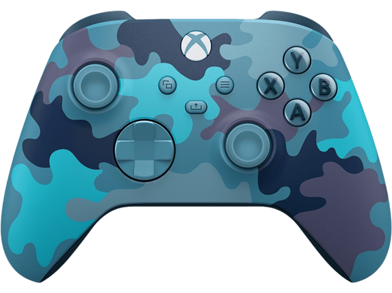 Blauer Tarnfarben-Xbox-Controller. Tasten beschriftet: A, B, X, Y, Start.