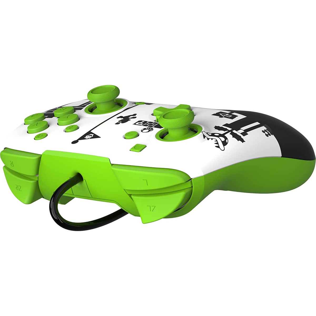 Biało-zielony kontroler z zielonymi przyciskami i joystickami. Czarny kabel i elementy designu.
