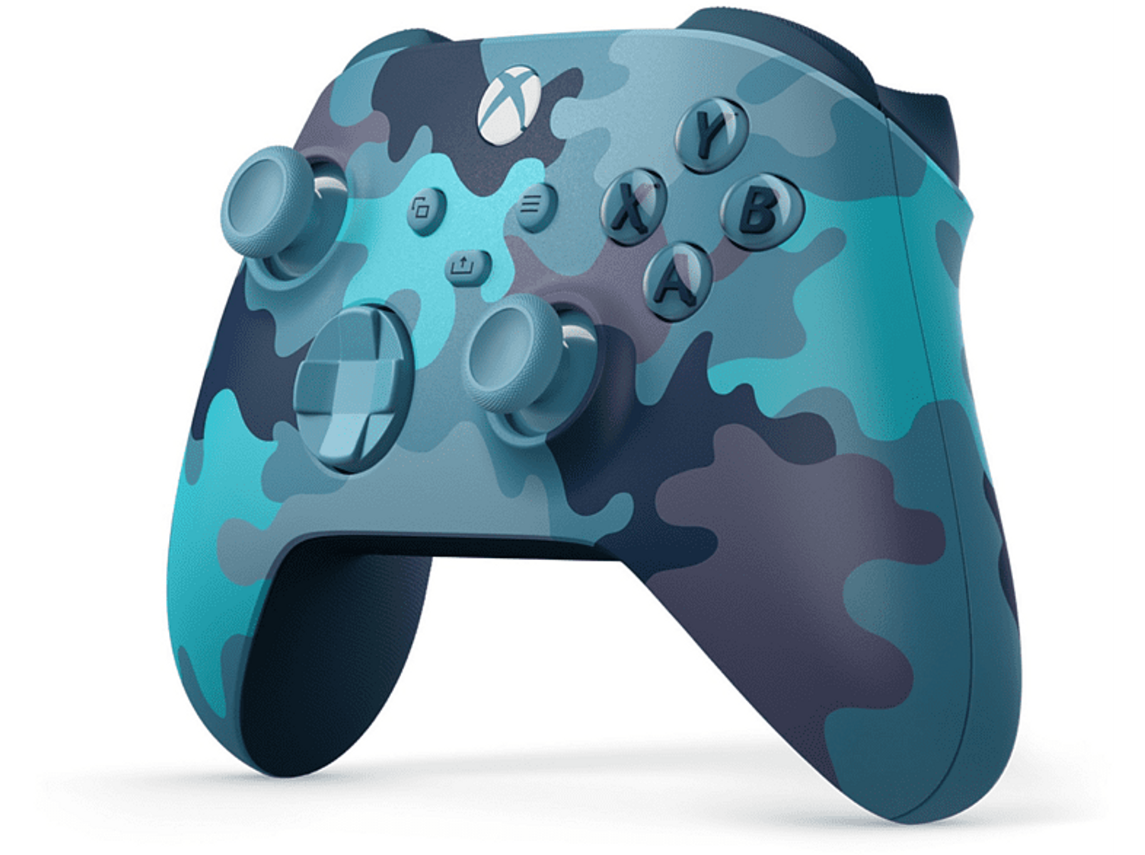 Blauer Tarnmuster-Xbox-Controller. Es hat ein hellblaues und dunkelblaues Muster.