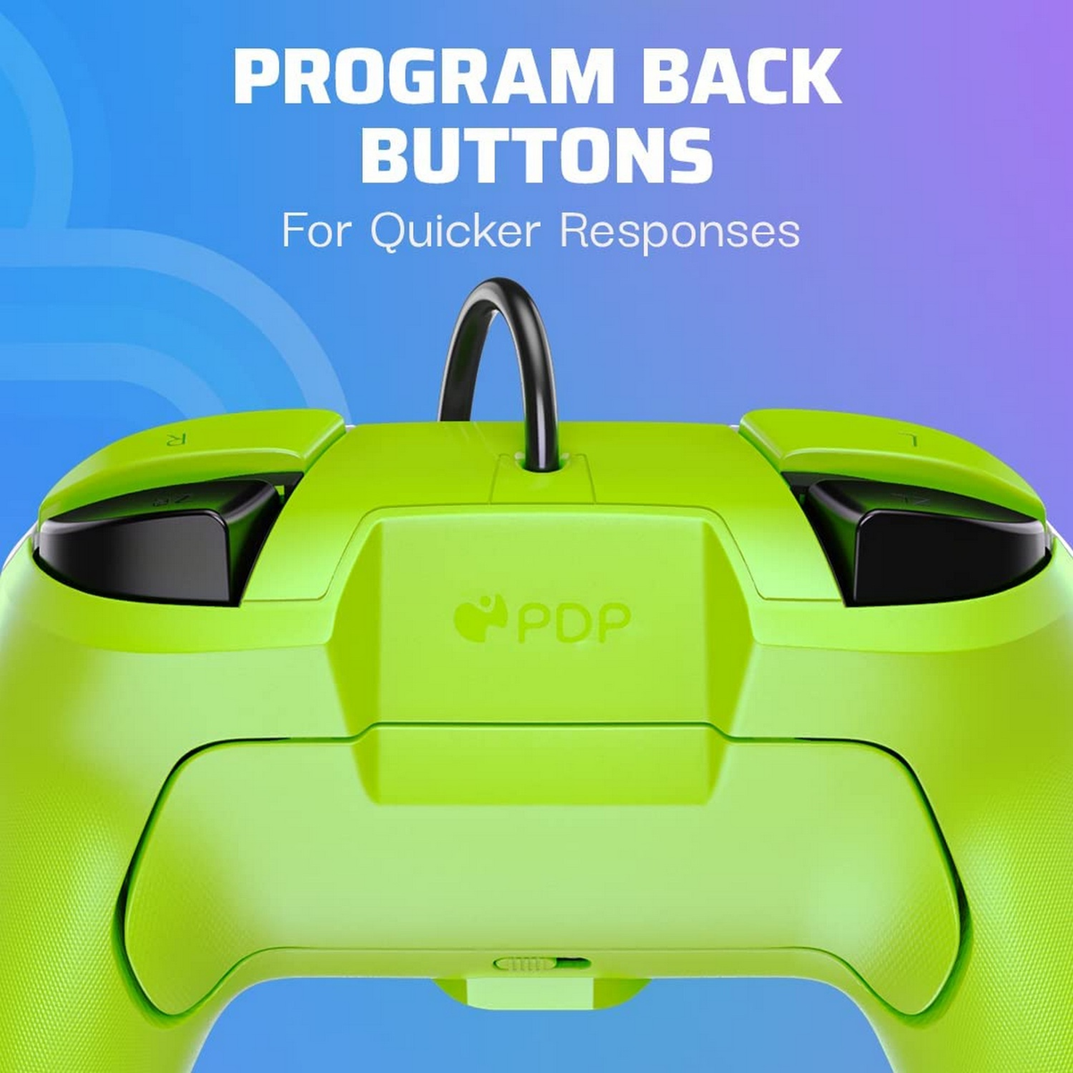 Zielony kontroler do gier, widok z tyłu. Czarne przyciski. Logo PDP. Tekst: PROGRAM BACK BUTTONS.