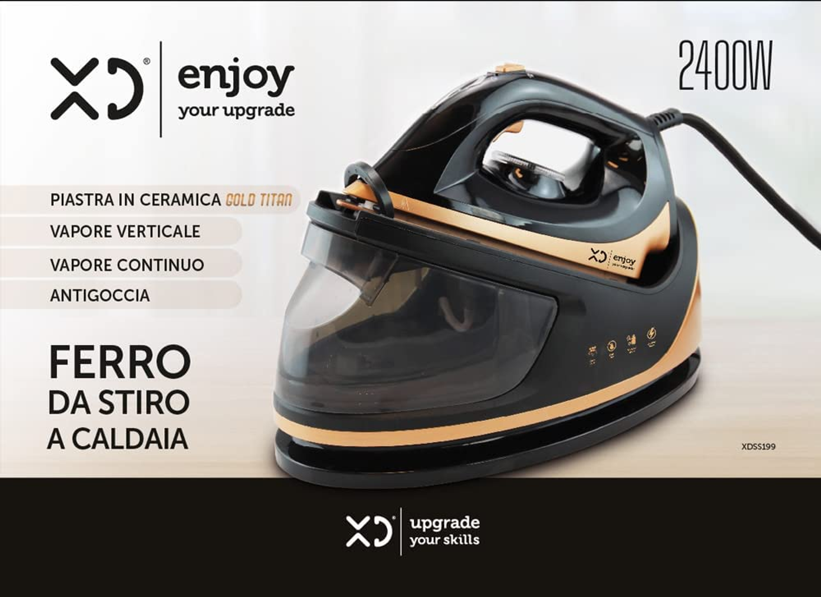 Ferro da stiro nero e oro con serbatoio dell'acqua. Ha una base dorata e un manico nero.