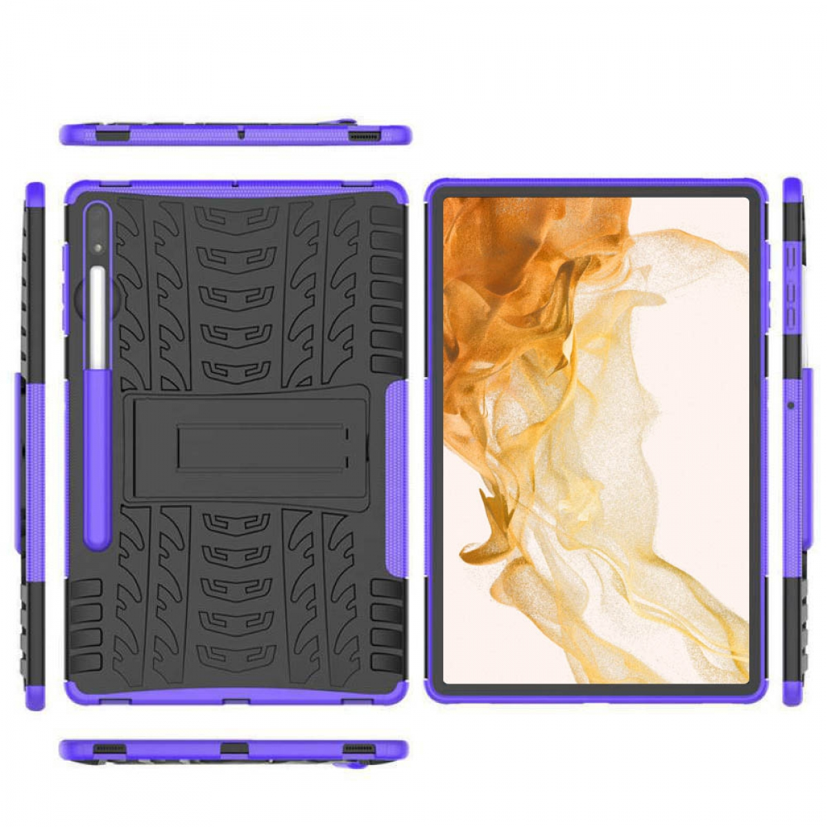 Tablet mit lila Hülle und Stift, aus mehreren Winkeln gezeigt, schwarz und lila.