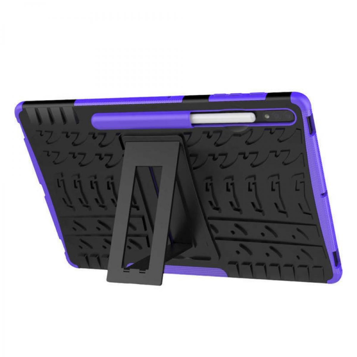 Schwarze und violette Tablethülle, mit schwarzem Ständer und Stift.