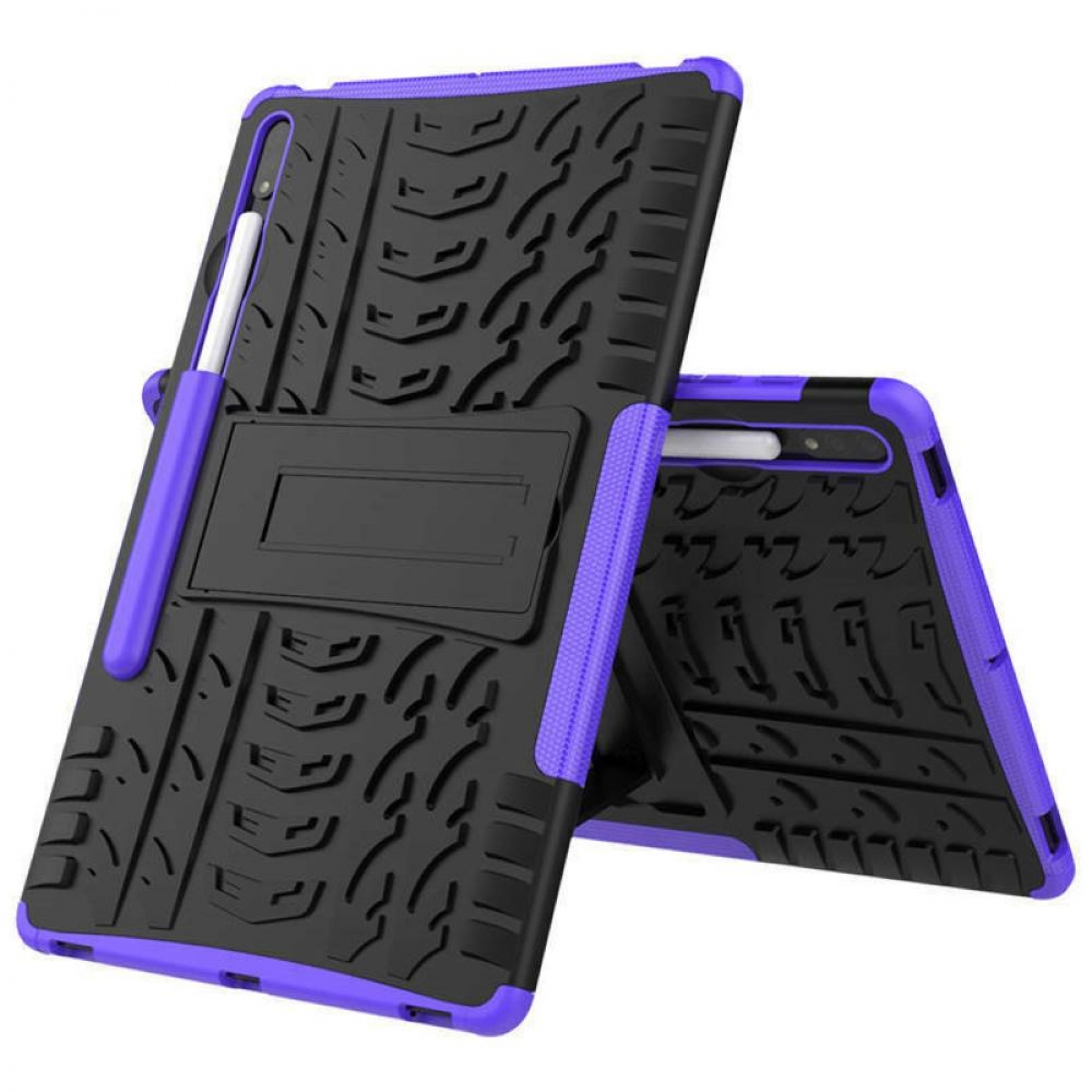 Tablet-Hülle, schwarz und lila, mit Stift und Ständer.