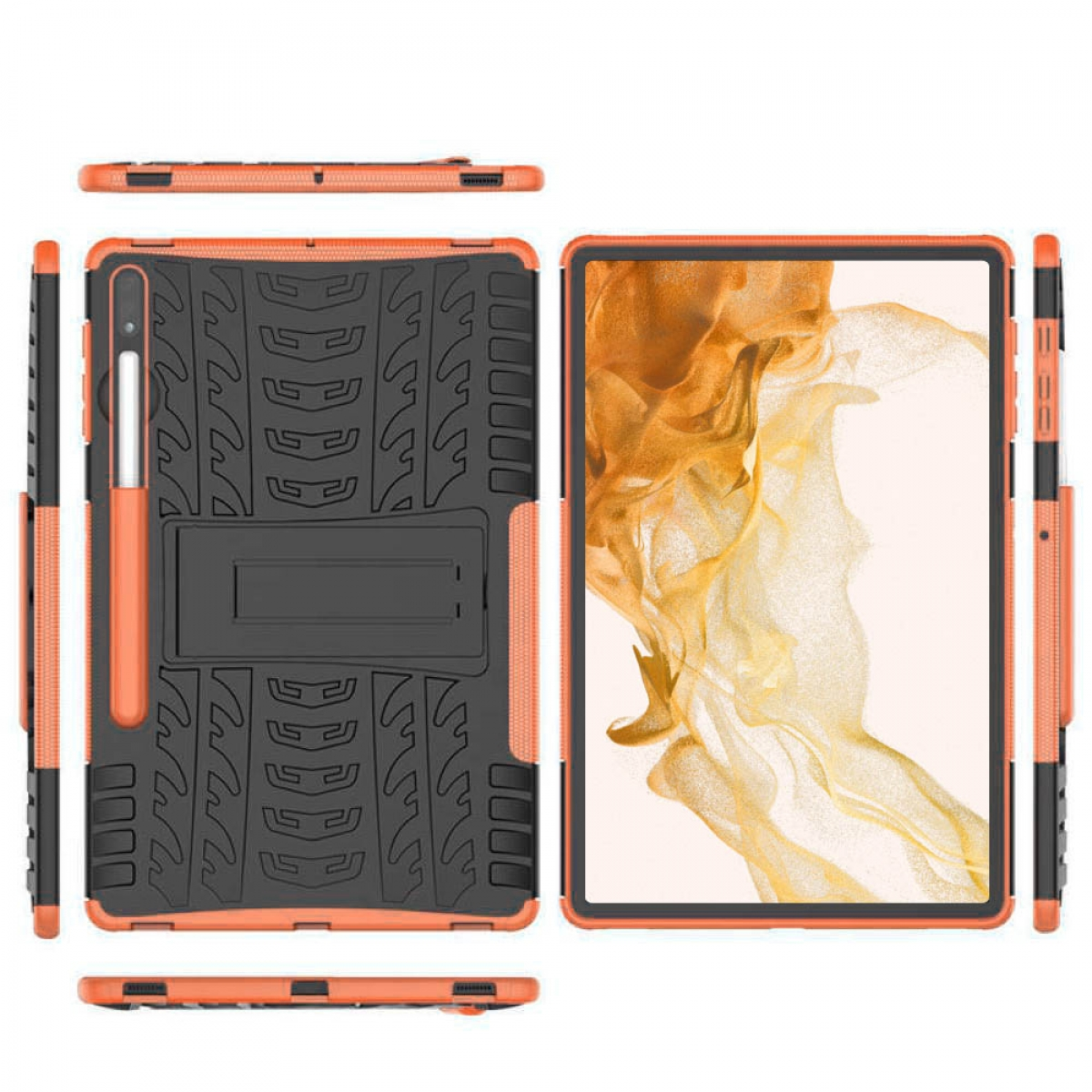 Orange Tablet-Hülle mit schwarzen Akzenten, Ständer und Stift.