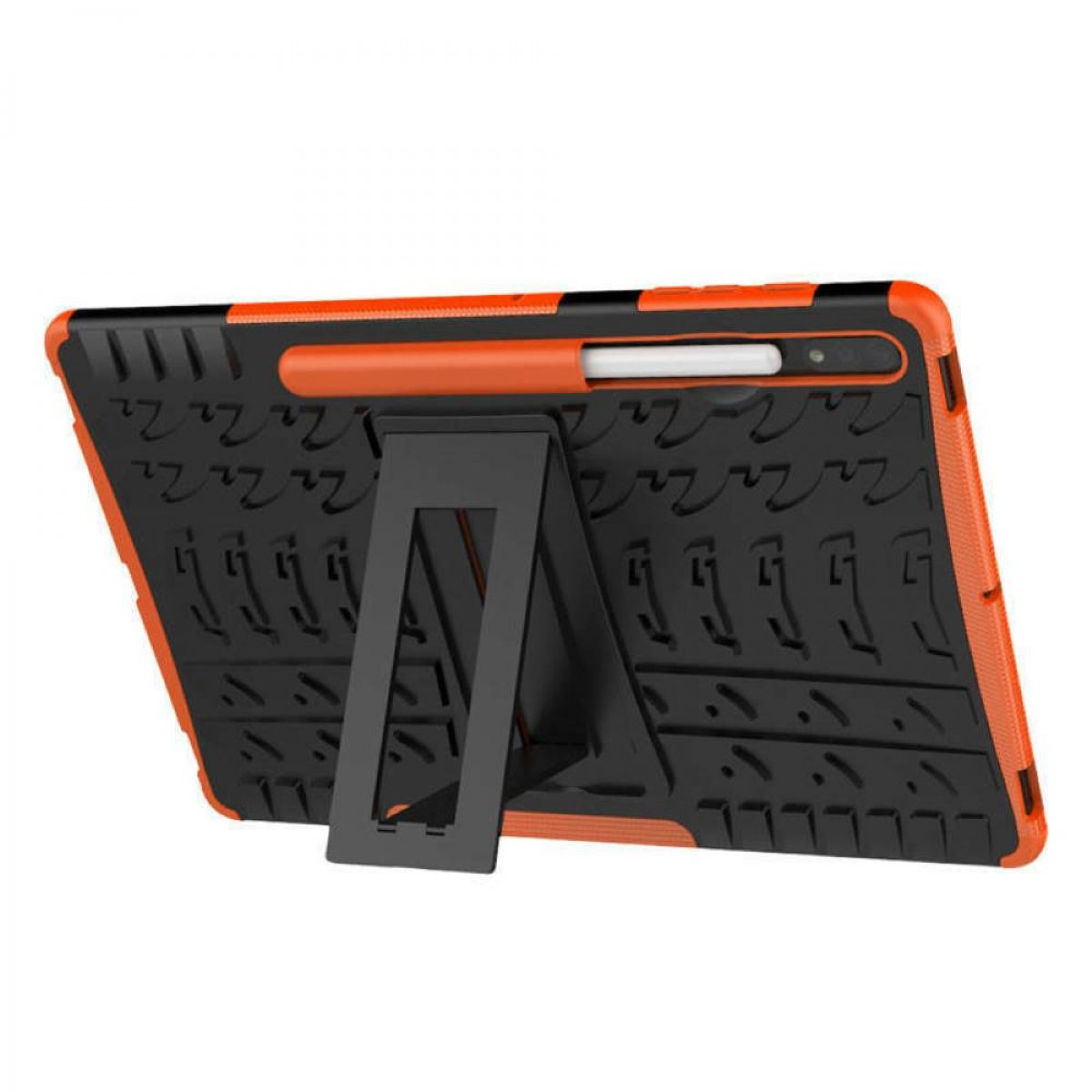 Eine Tablet-Hülle mit Ständer. Sie ist schwarz und orangefarben.
