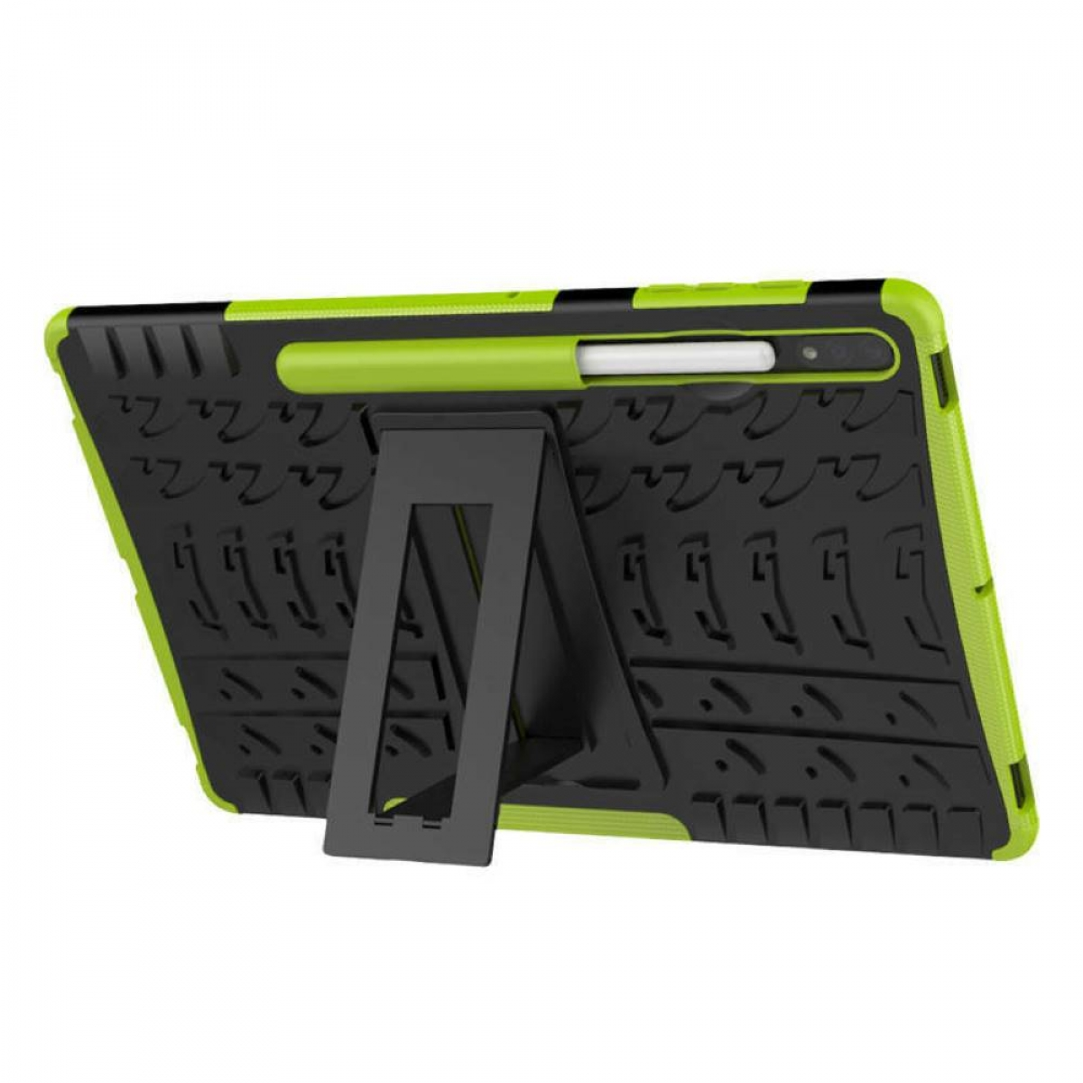 Schwarze und grüne Tablethülle mit schwarzem Ständer und Stift.